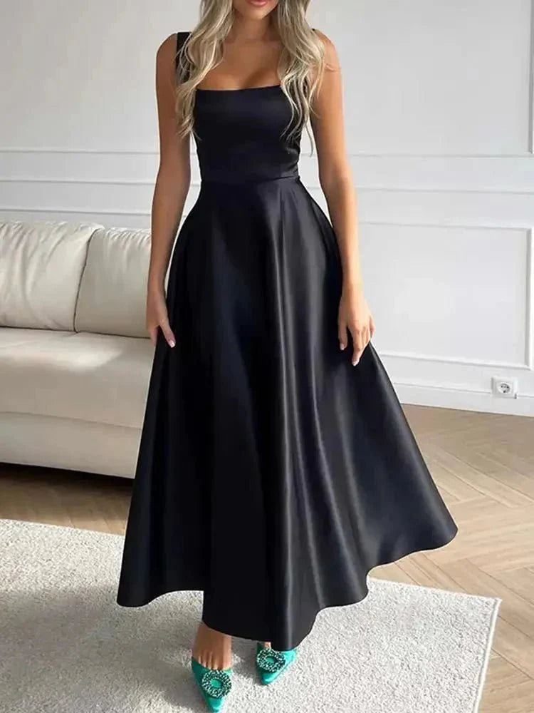Laila Stylish Satin Midi Dress – Formal A-Line Fit with Spaghetti Straps