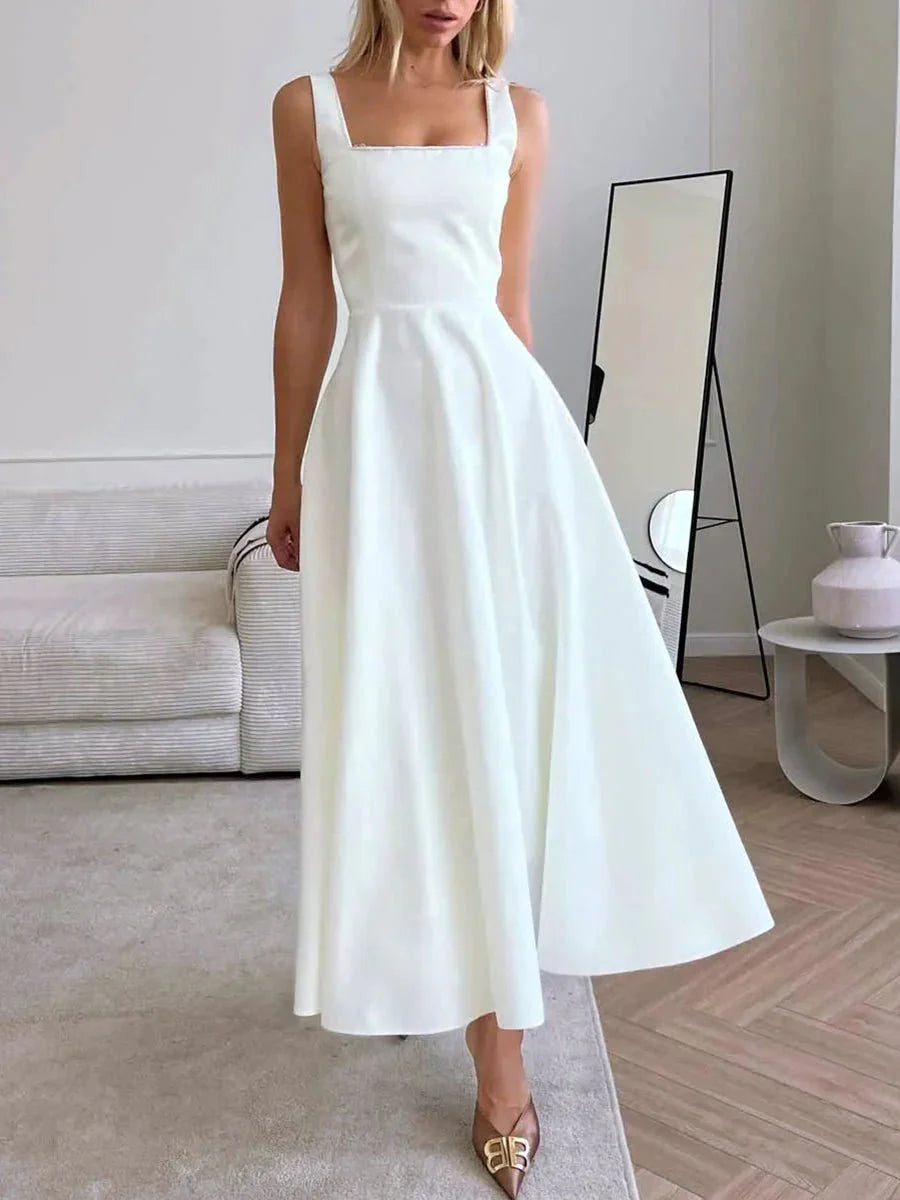 Laila Stylish Satin Midi Dress – Formal A-Line Fit with Spaghetti Straps