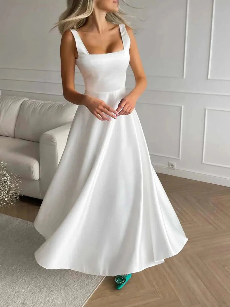 Laila Stylish Satin Midi Dress – Formal A-Line Fit with Spaghetti Straps