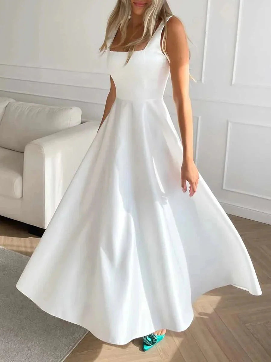 Laila Stylish Satin Midi Dress – Formal A-Line Fit with Spaghetti Straps