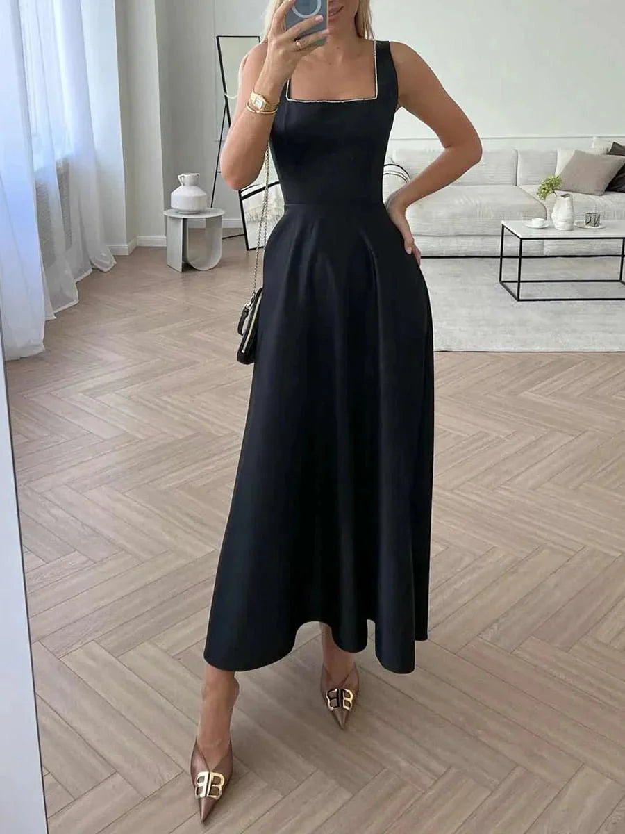 Laila Stylish Satin Midi Dress – Formal A-Line Fit with Spaghetti Straps