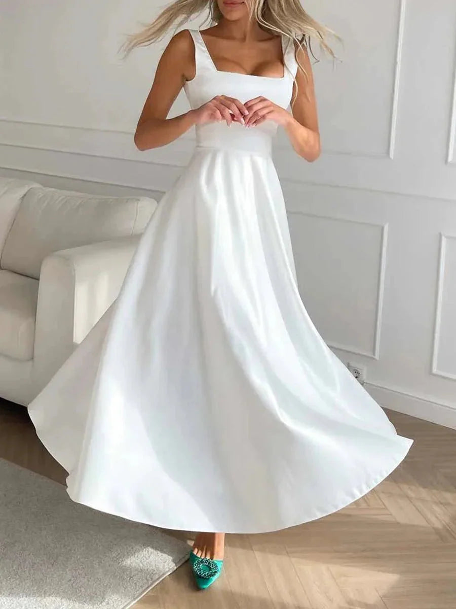 Laila Stylish Satin Midi Dress – Formal A-Line Fit with Spaghetti Straps