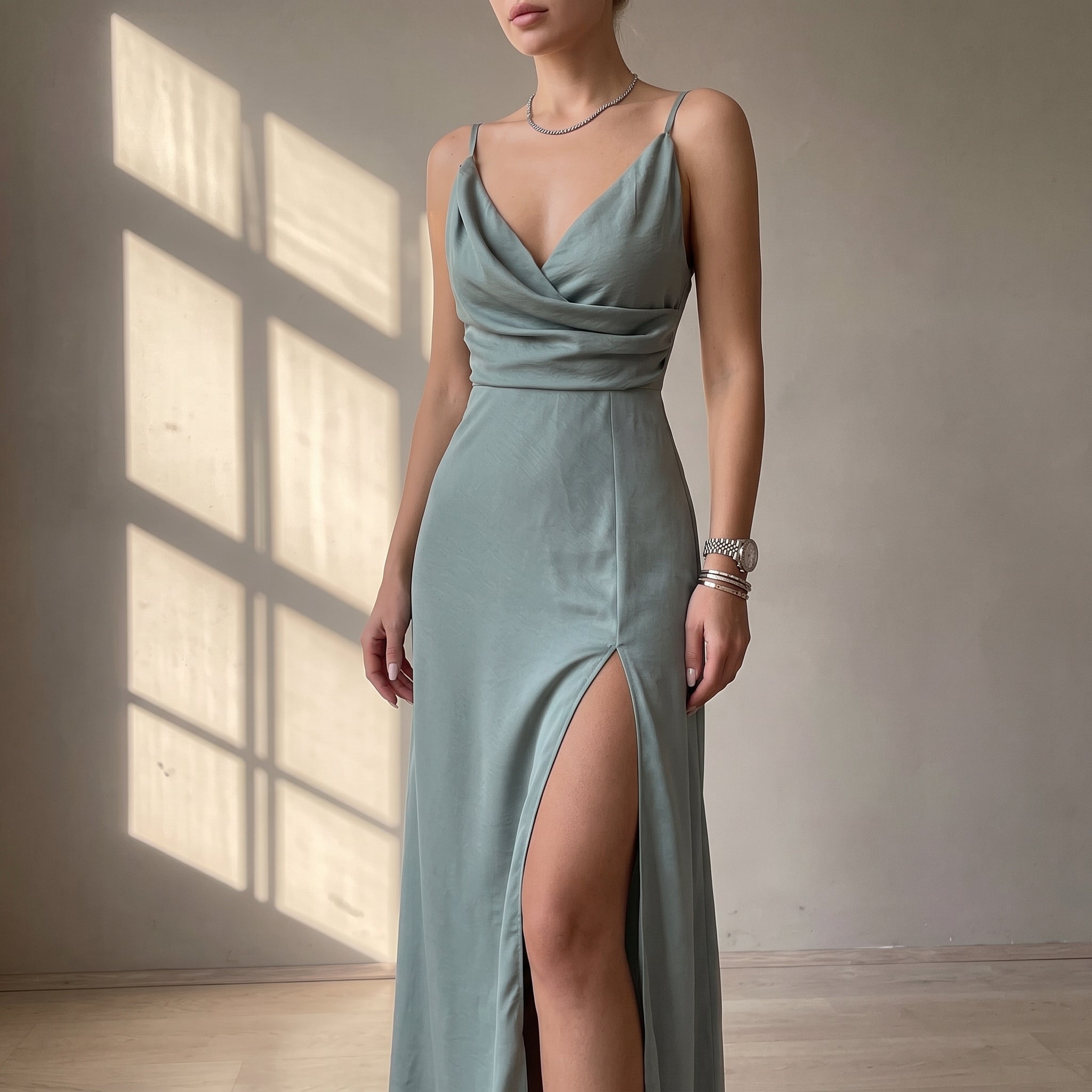 Lara - Women's Wedding Guest Cowl Neck Split Maxi Dress - Dresses - Green - Parker&Brooks