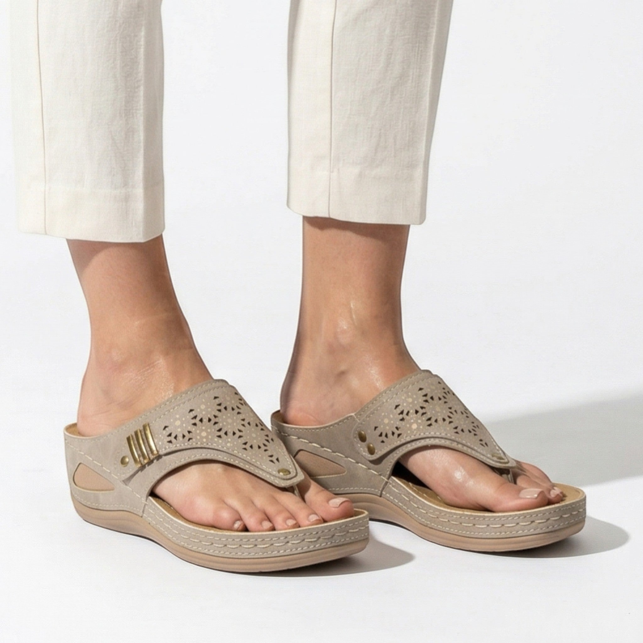 Layla - Women's Wedge Sandals with Cut - Out Detail - Sandal - Khaki - Parker&Brooks