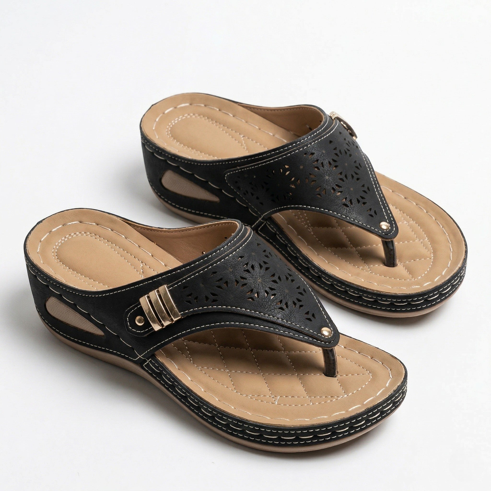 Layla - Women's Wedge Sandals with Cut - Out Detail - Sandal - Black - Parker&Brooks