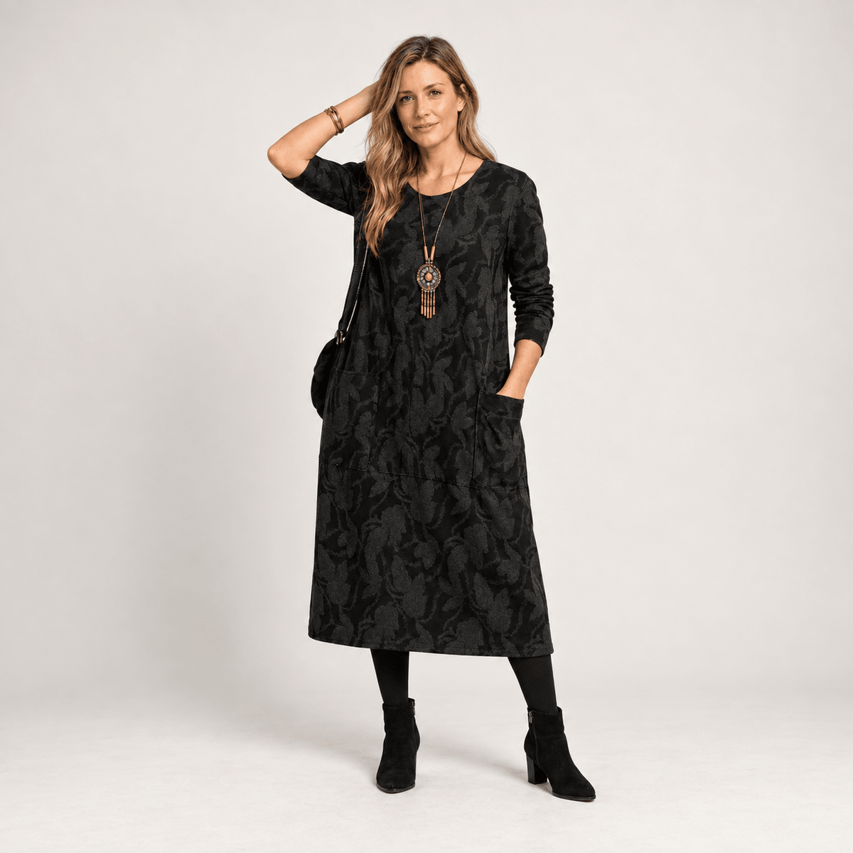 Leah - Women's Long Sleeve Pocket Midi Dress with Leaf Print - Dresses - Black - Parker&Brooks