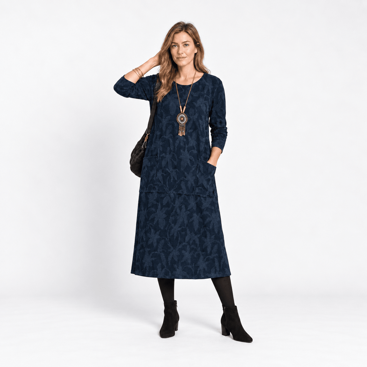 Leah - Women's Long Sleeve Pocket Midi Dress with Leaf Print - Dresses - Blue - Parker&Brooks