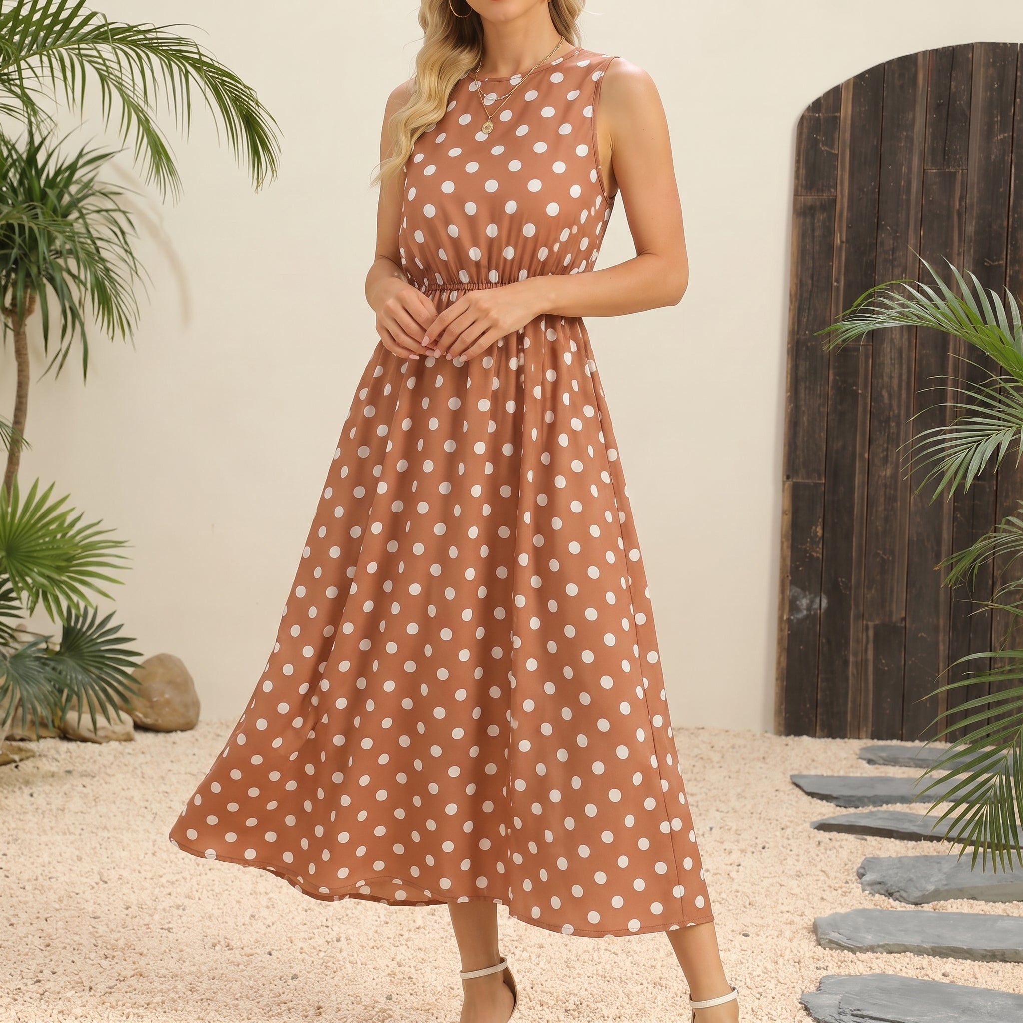 Lena - Women's Summer Sleeveless Polka Dot Maxi Dress - Dresses - Brown - Parker&Brooks