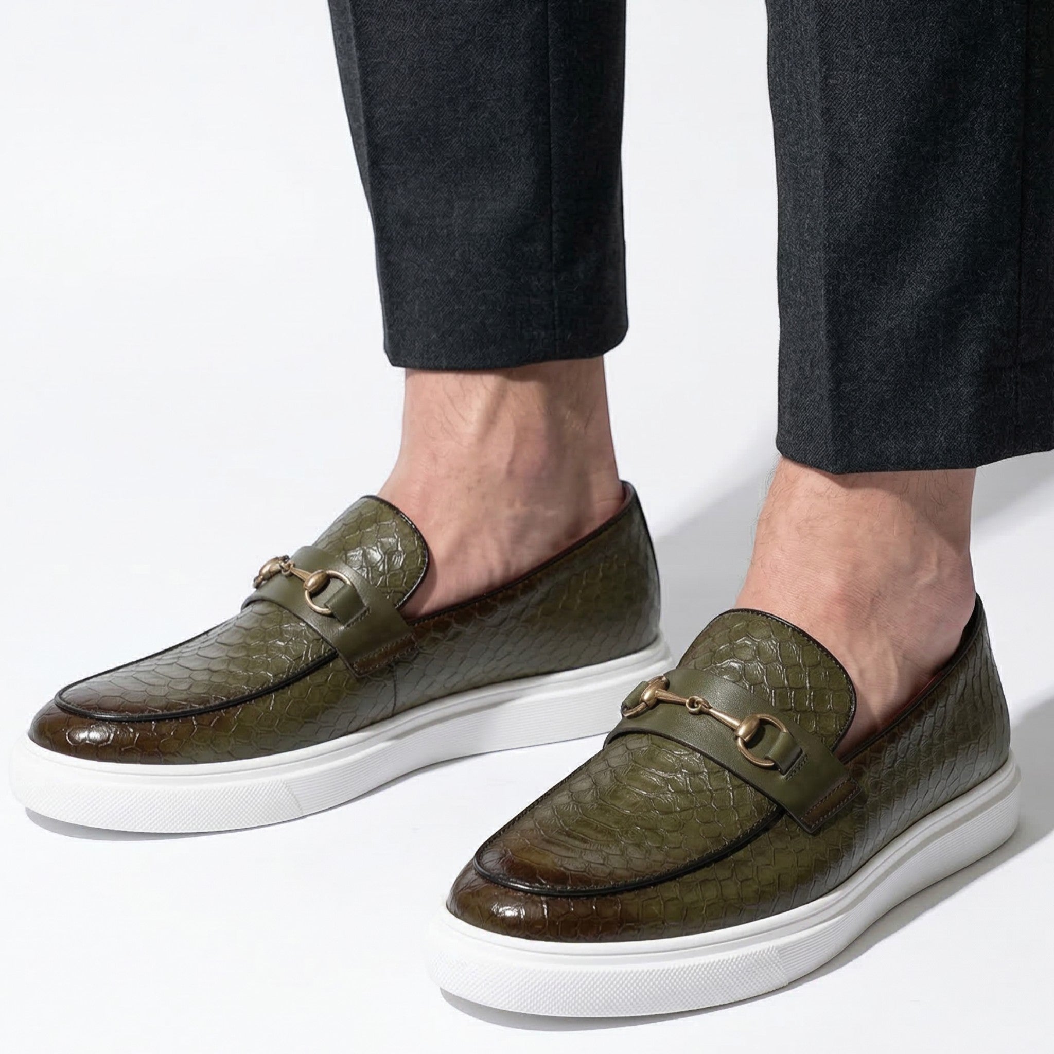 Leo - Men's Textured Loafers with Buckle Detail - Loafers - Mint Green - Parker&Brooks