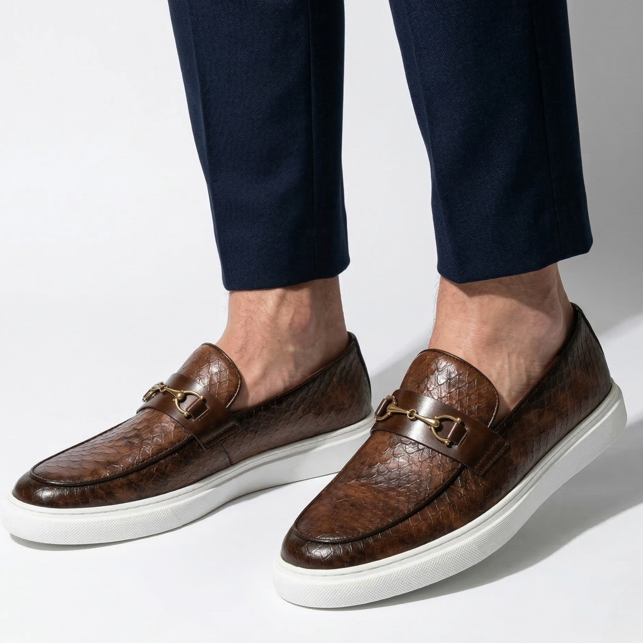 Leo - Men's Textured Loafers with Buckle Detail - Loafers - Brown - Parker&Brooks