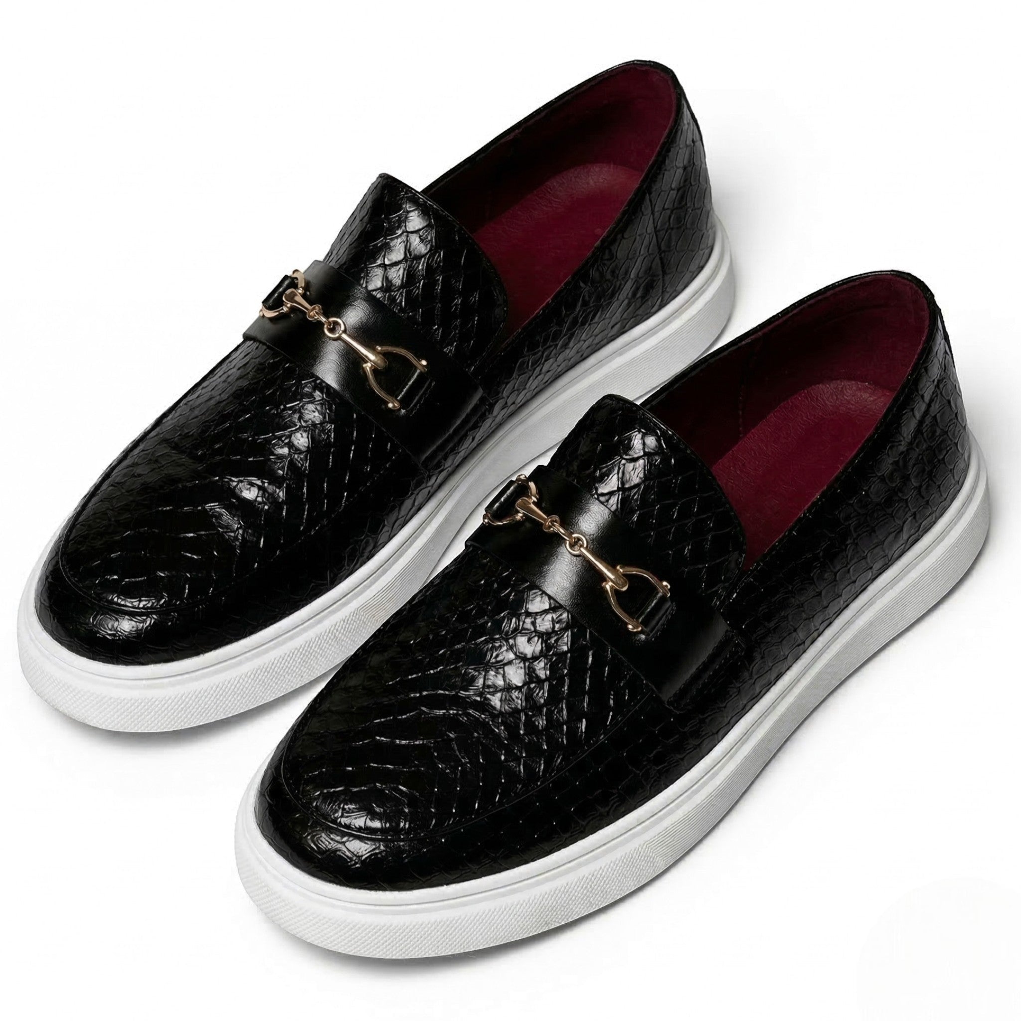 Leo - Men's Textured Loafers with Buckle Detail - Loafers - Black - Parker&Brooks