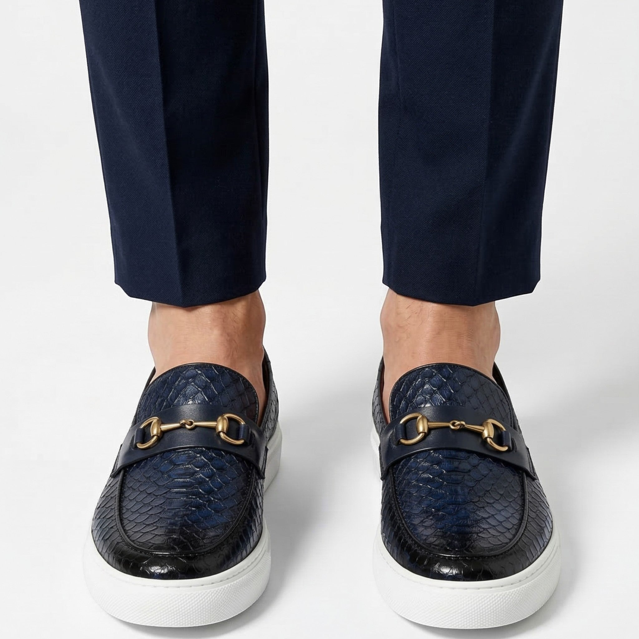 Leo - Men's Textured Loafers with Buckle Detail - Loafers - Navy Blue - Parker&Brooks