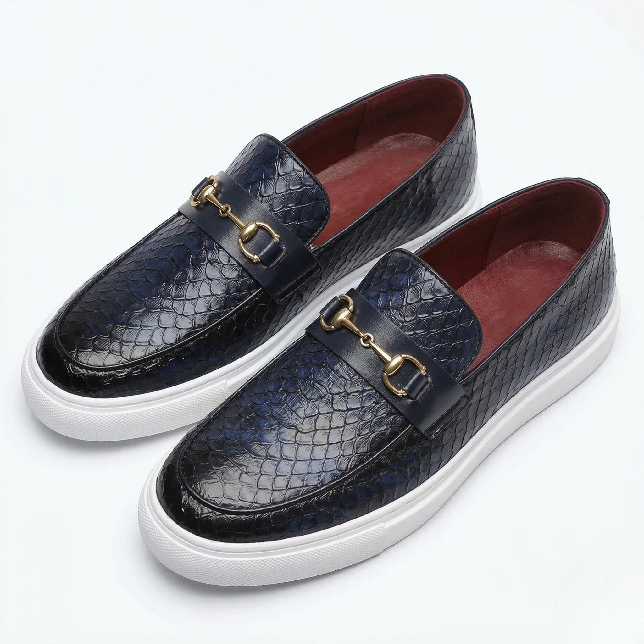 Leo - Men's Textured Loafers with Buckle Detail - Loafers - Navy Blue - Parker&Brooks