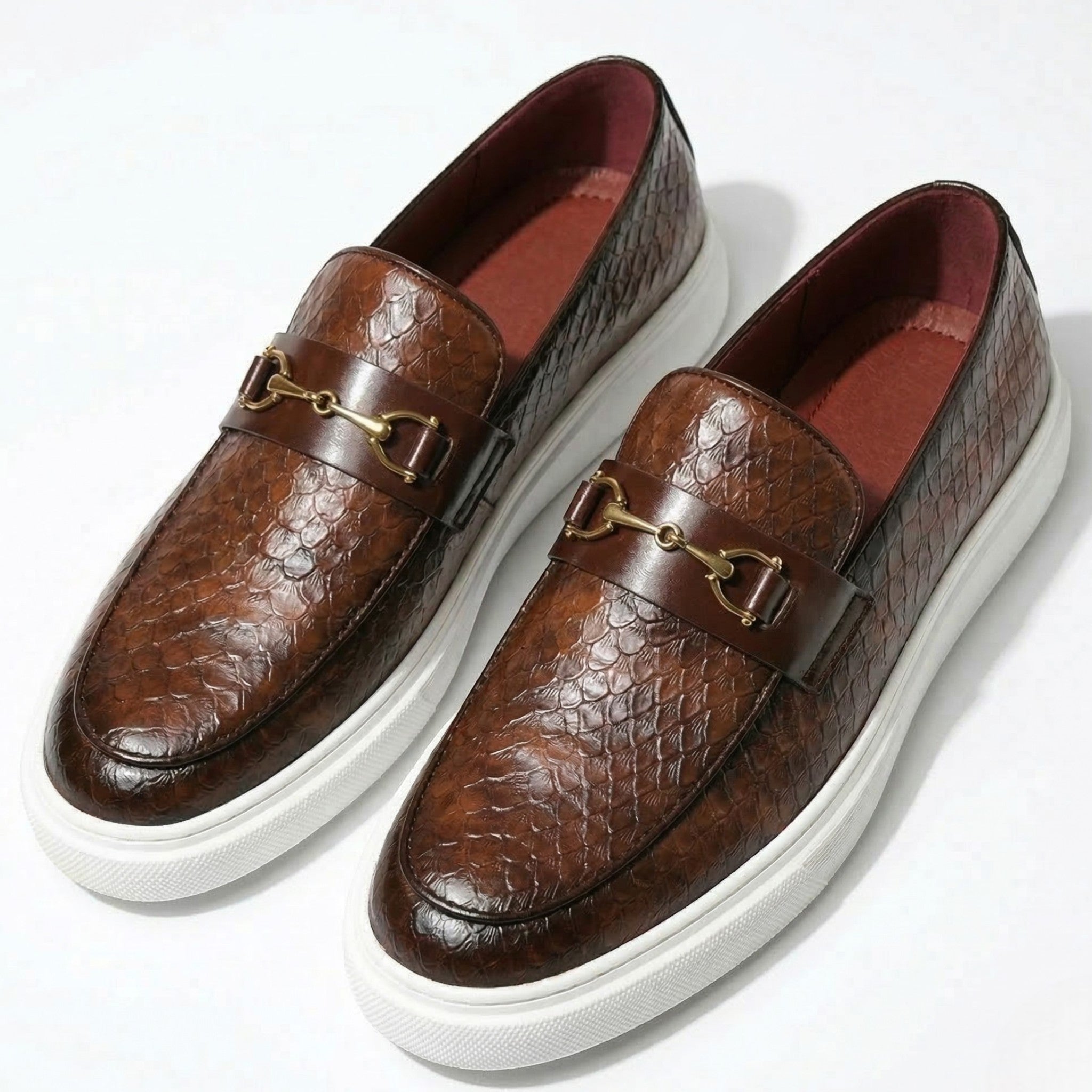 Leo - Men's Textured Loafers with Buckle Detail - Loafers - Brown - Parker&Brooks