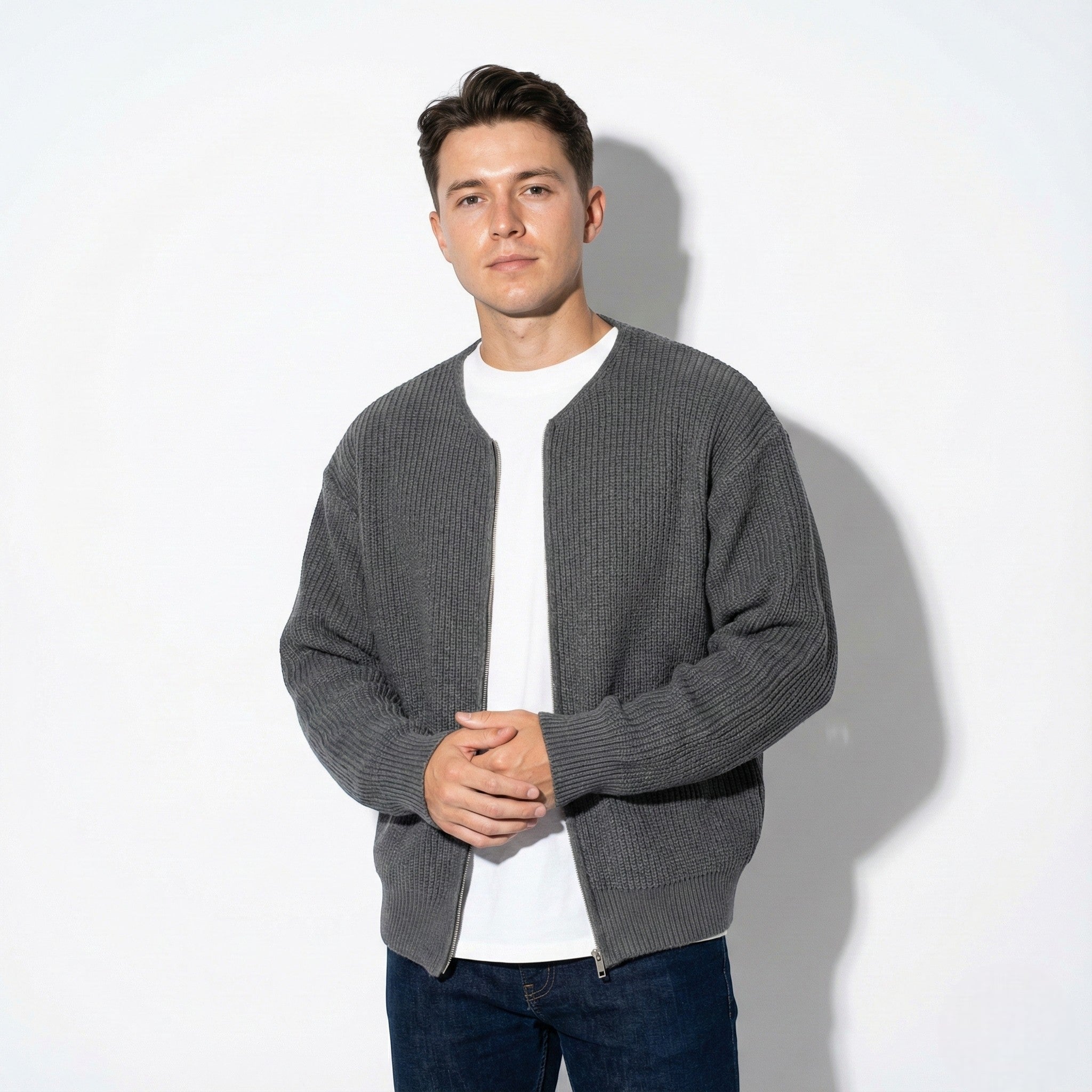 Men's Thick Ribbed Knit Cardigan with Turtleneck and Raglan Sleeves