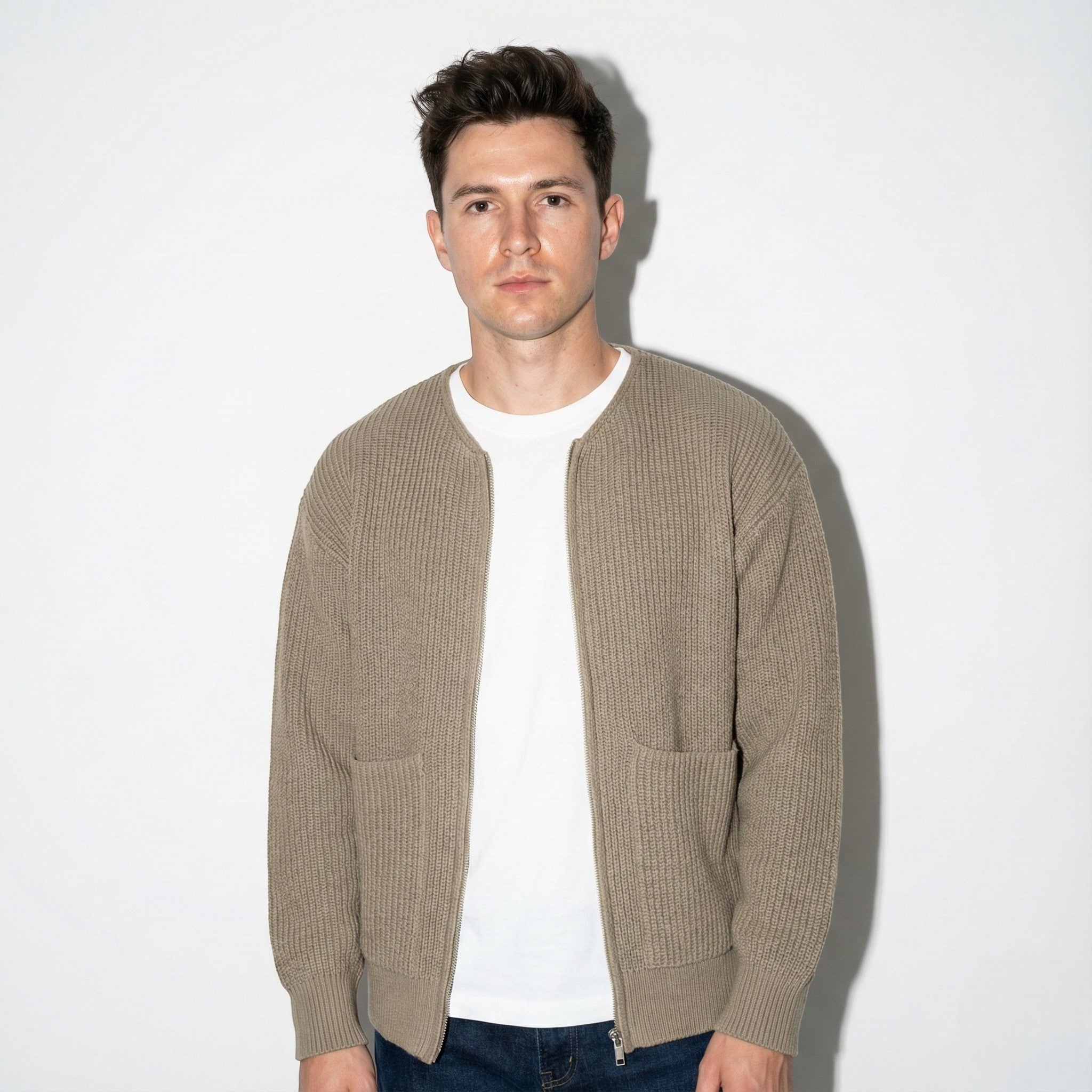 Men's Thick Ribbed Knit Cardigan with Turtleneck and Raglan Sleeves