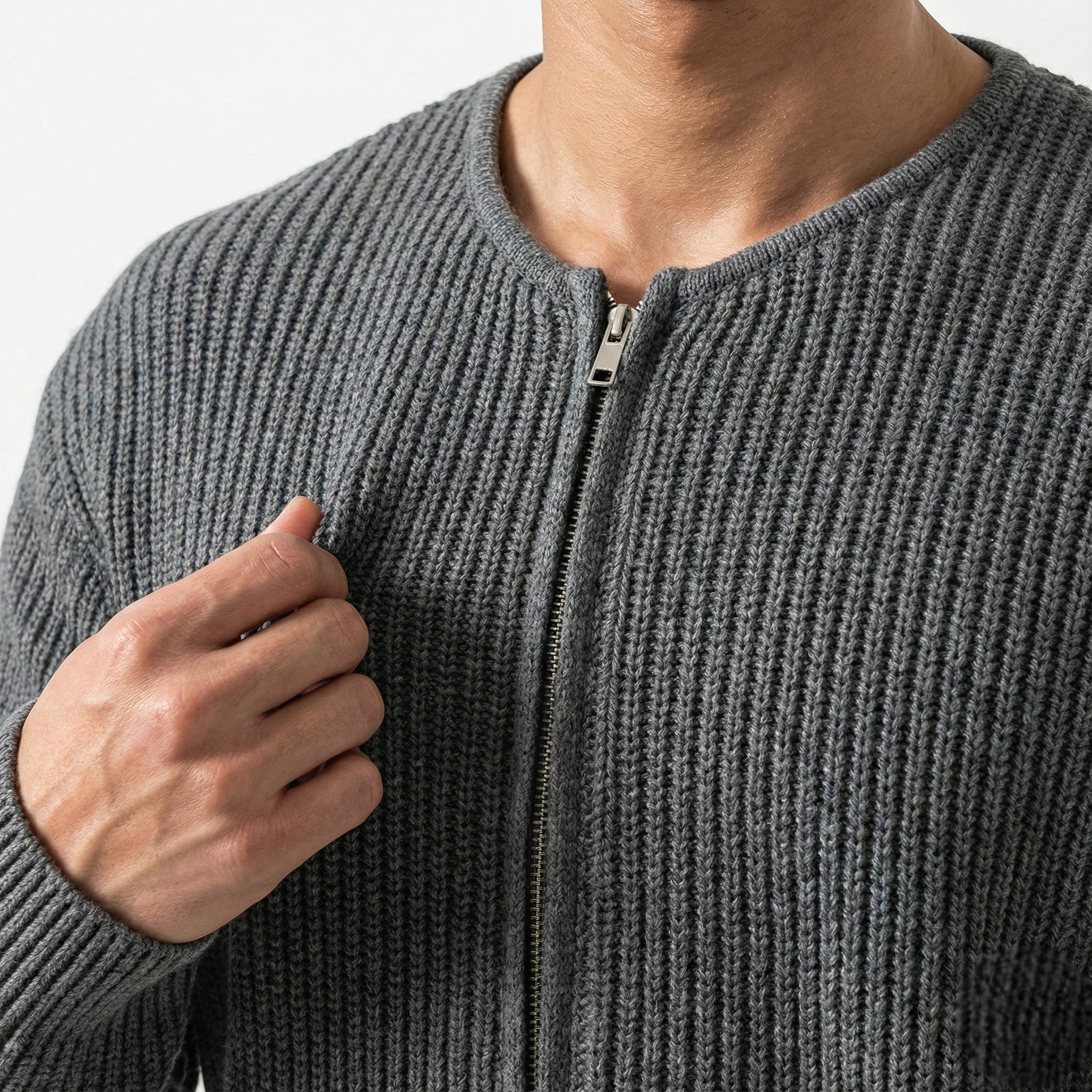 Men's Thick Ribbed Knit Cardigan with Turtleneck and Raglan Sleeves