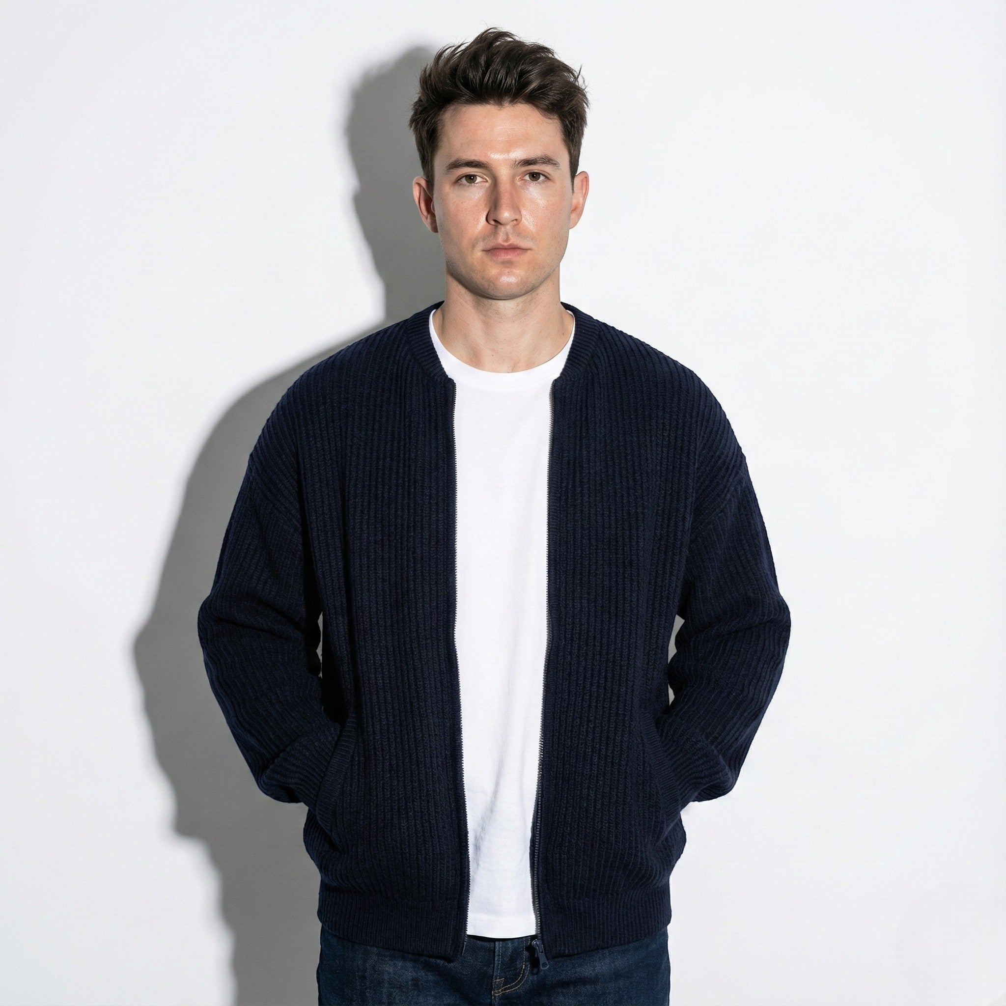 Men's Thick Ribbed Knit Cardigan with Turtleneck and Raglan Sleeves