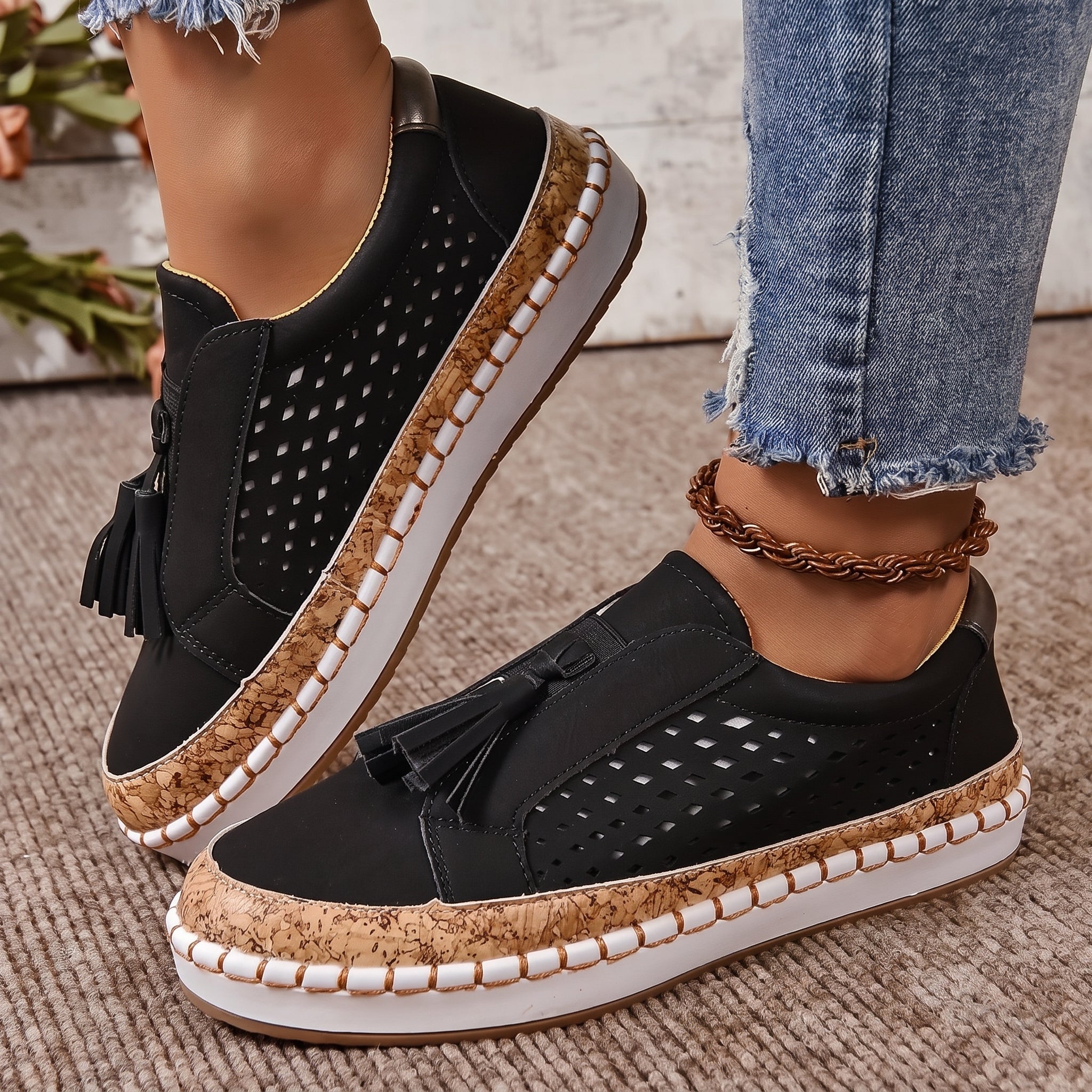 Leonie – Women's Orthopedic Tassel Detail Slip-On Sneakers - Flats - Black - Parker&Brooks