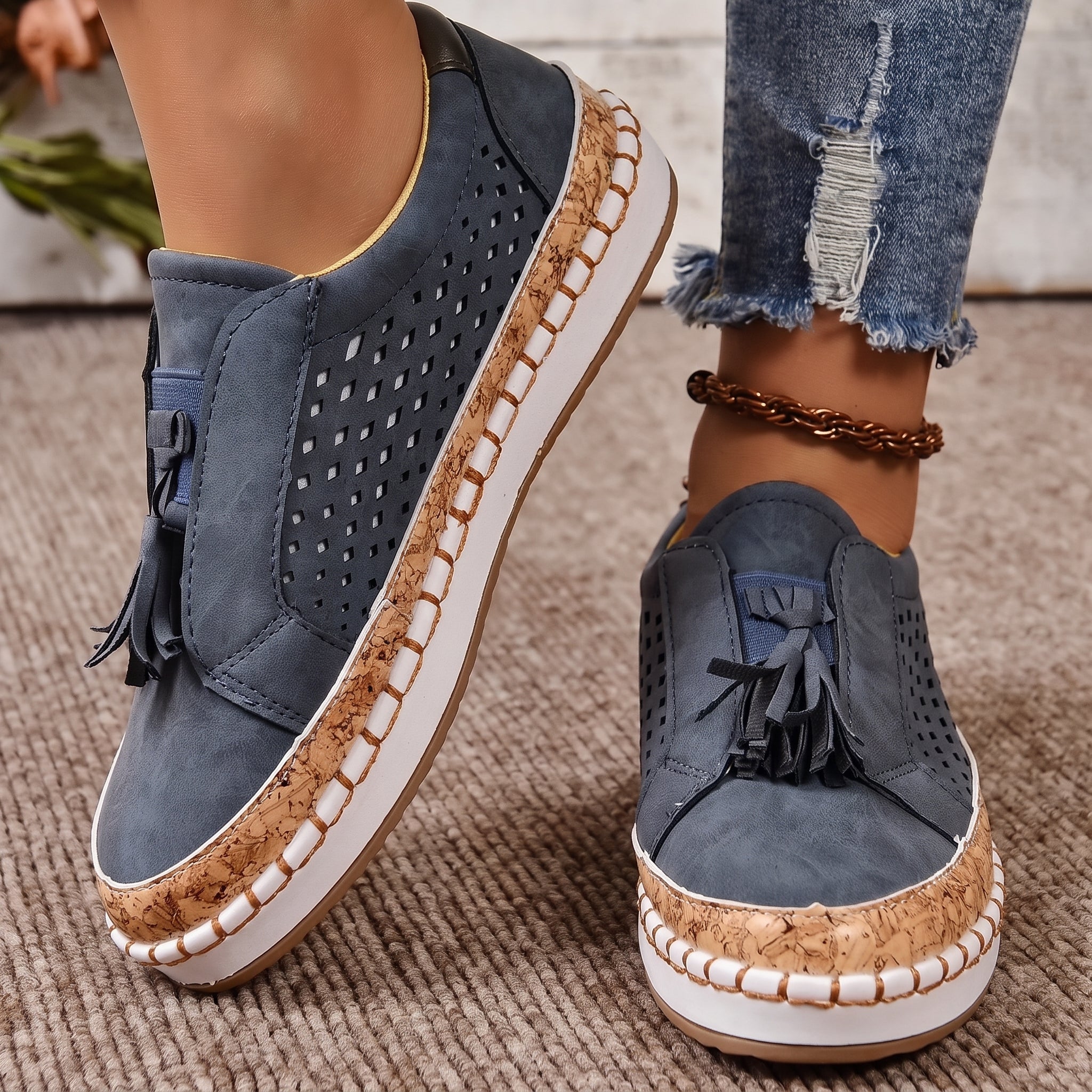 Leonie – Women's Orthopedic Tassel Detail Slip-On Sneakers - Flats - Navy - Parker&Brooks