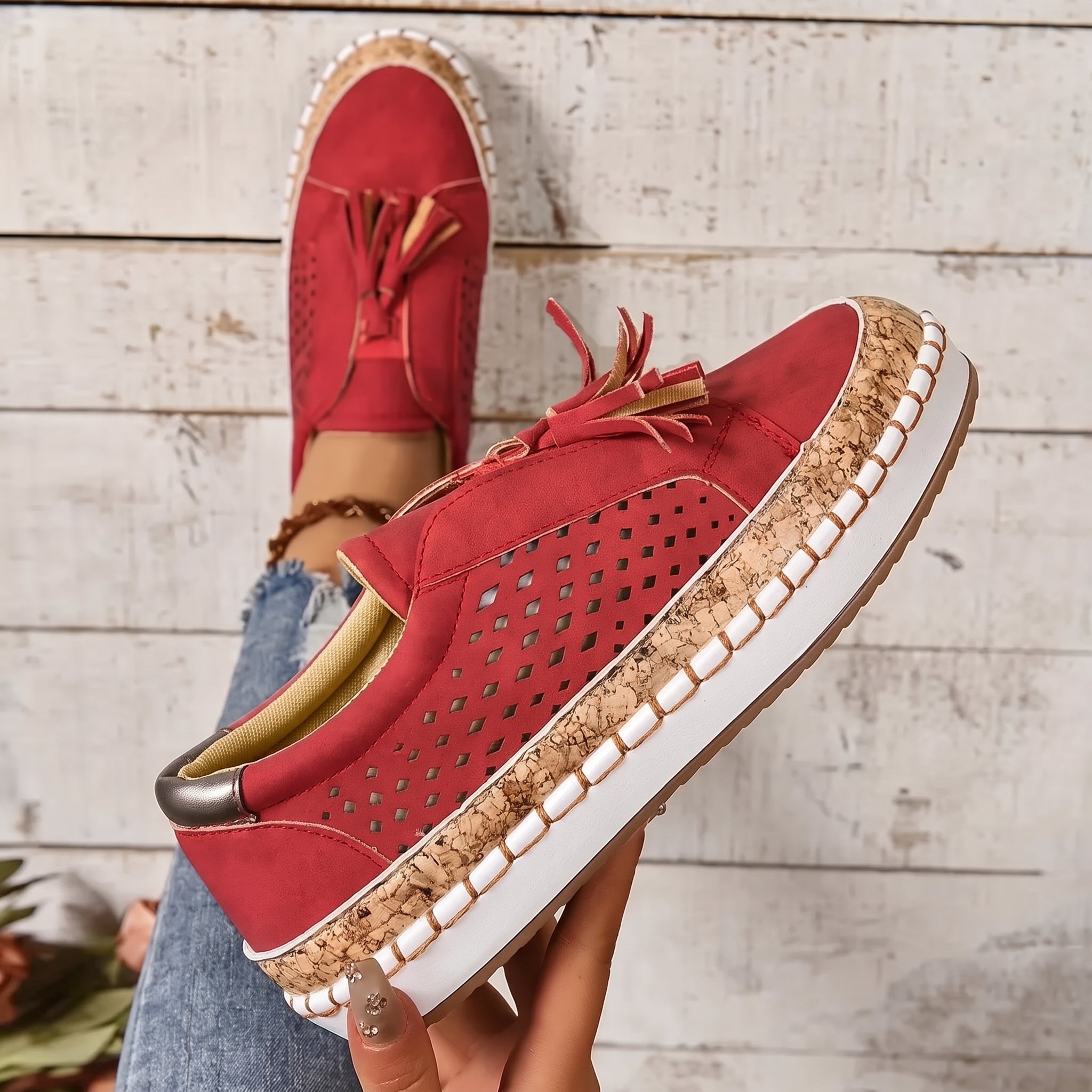 Leonie – Women's Orthopedic Tassel Detail Slip-On Sneakers - Flats - Red - Parker&Brooks