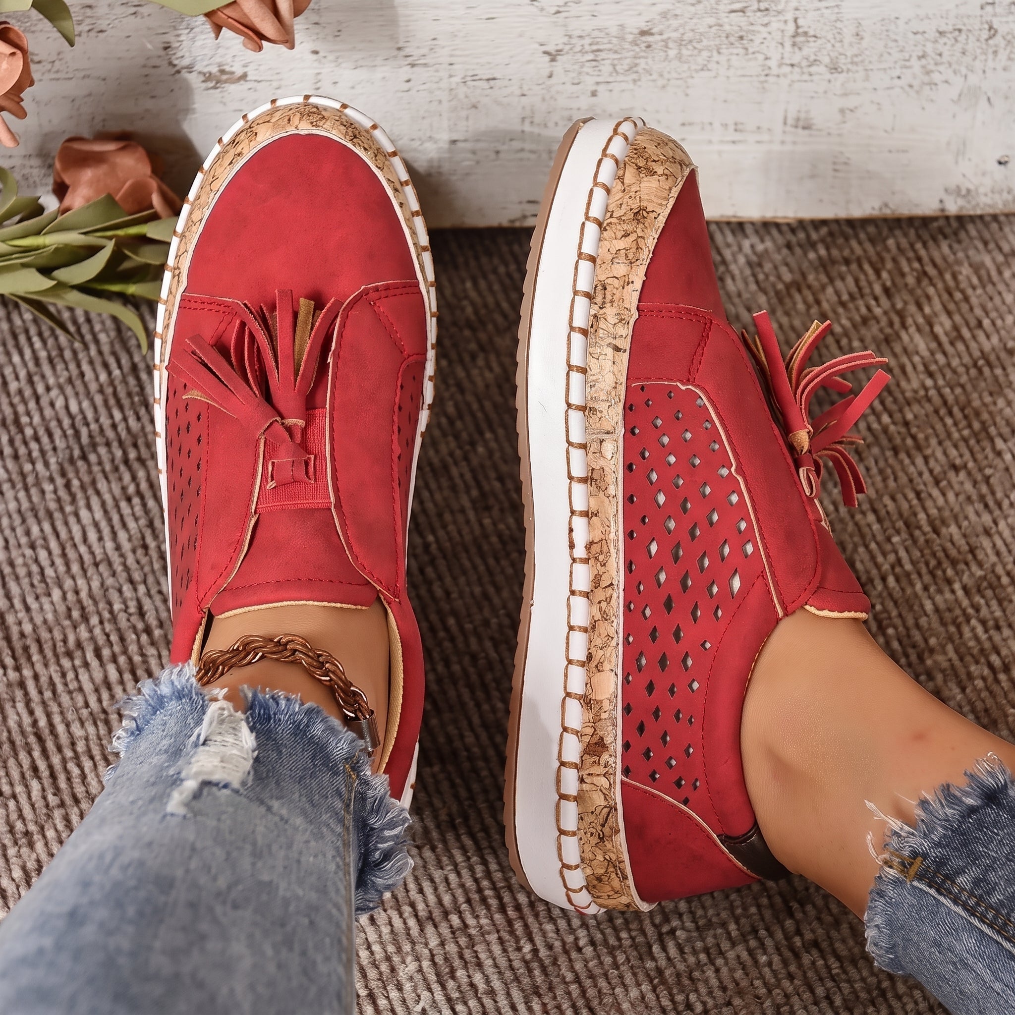 Leonie – Women's Orthopedic Tassel Detail Slip-On Sneakers - Flats - Red - Parker&Brooks