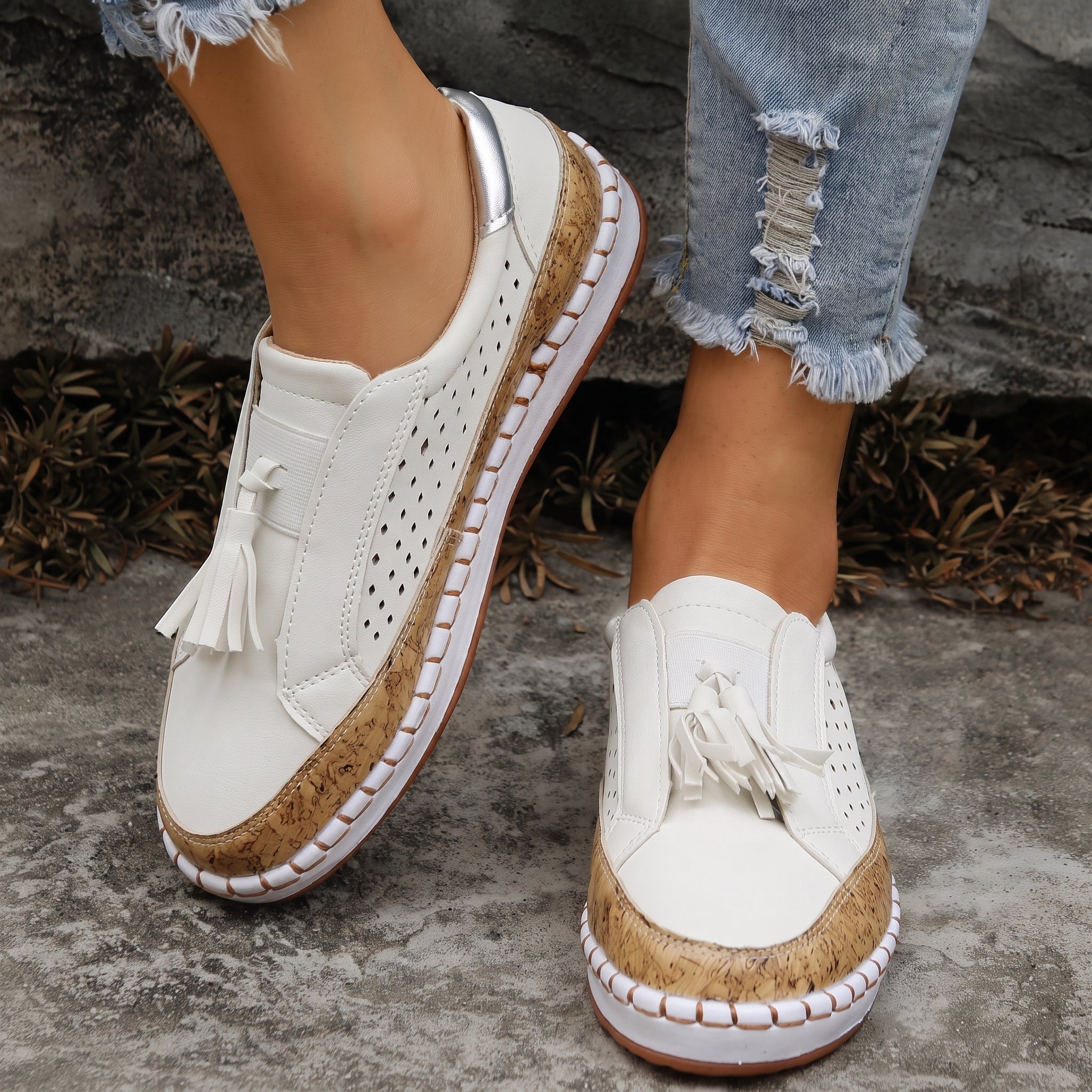 Leonie – Women's Orthopedic Tassel Detail Slip-On Sneakers - Flats - White - Parker&Brooks