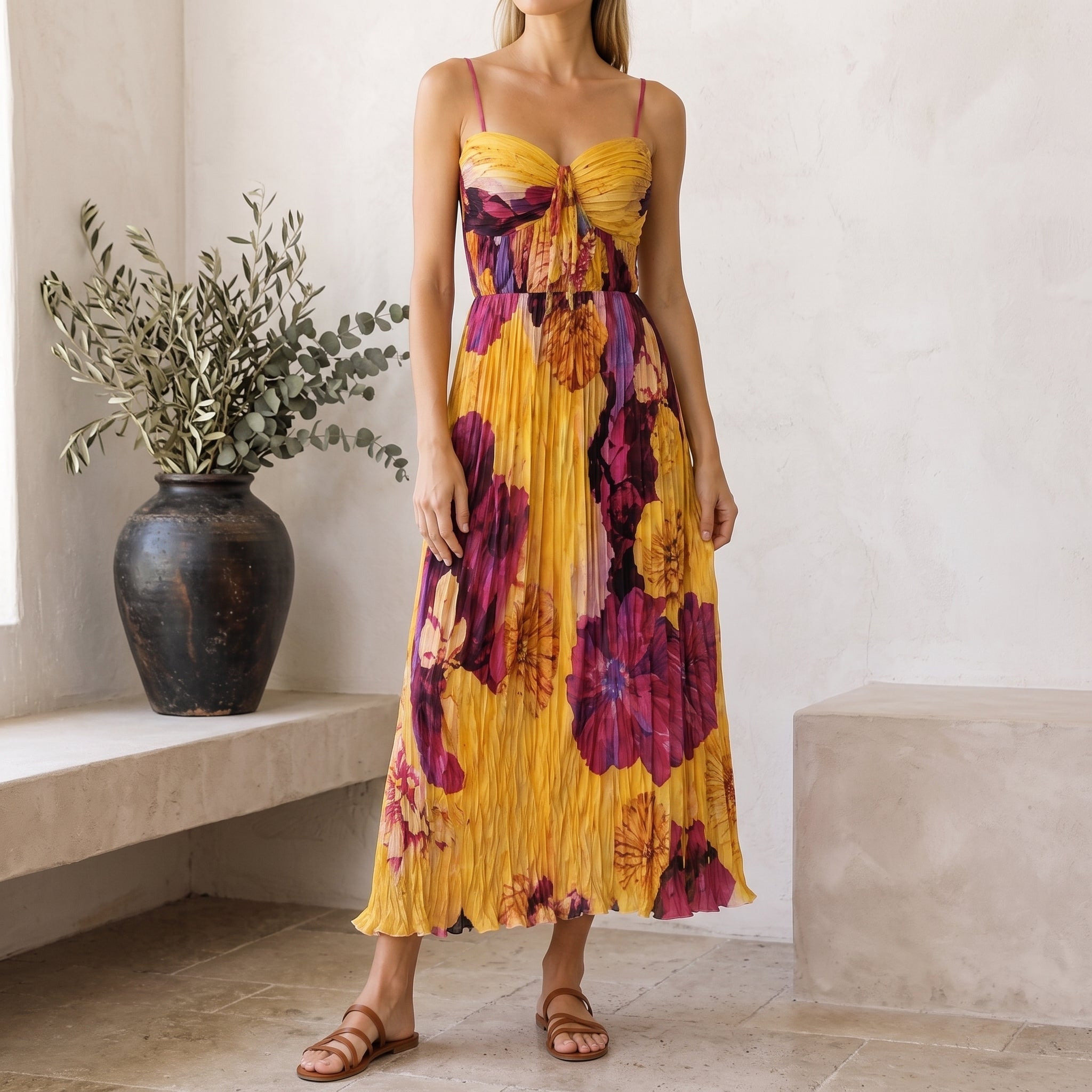 Leonie - Women's Summer Floral Pleated Sweetheart Maxi Dress - Dresses - Yellow - Parker&Brooks