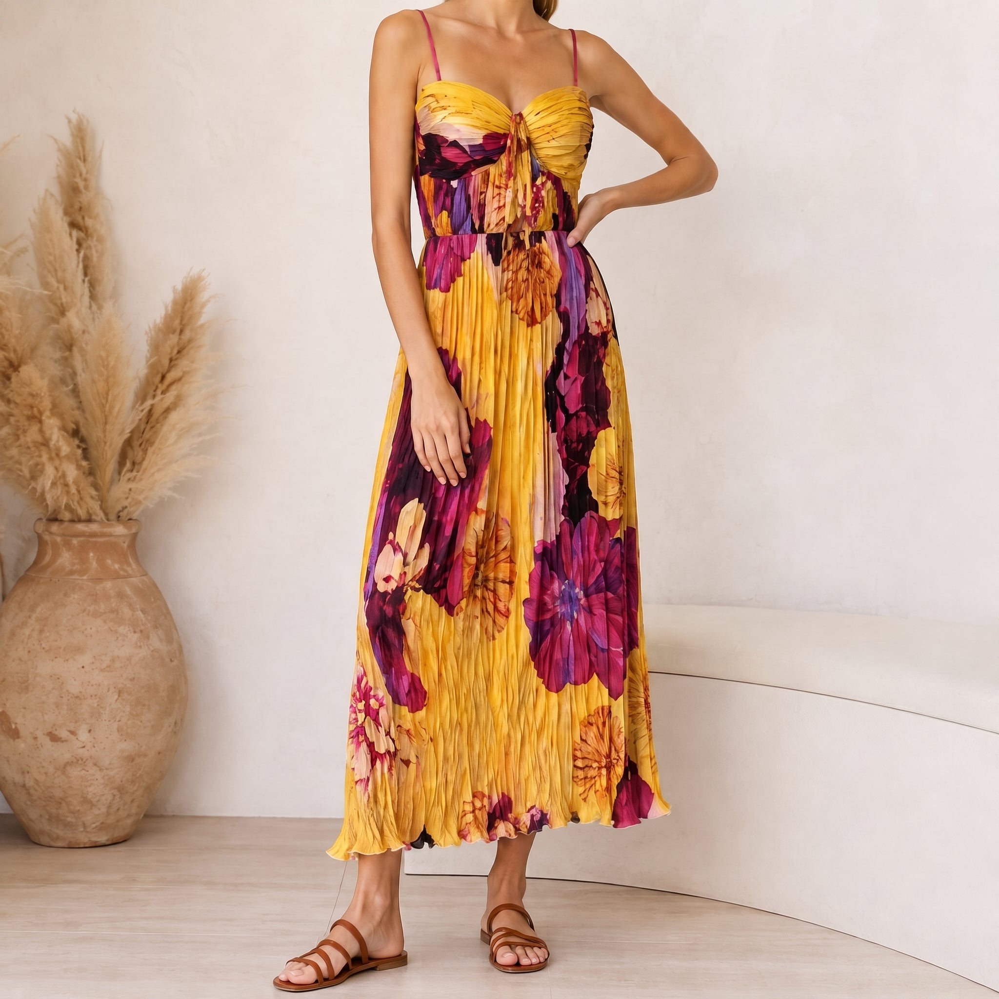 Leonie - Women's Summer Floral Pleated Sweetheart Maxi Dress - Dresses - Yellow - Parker&Brooks