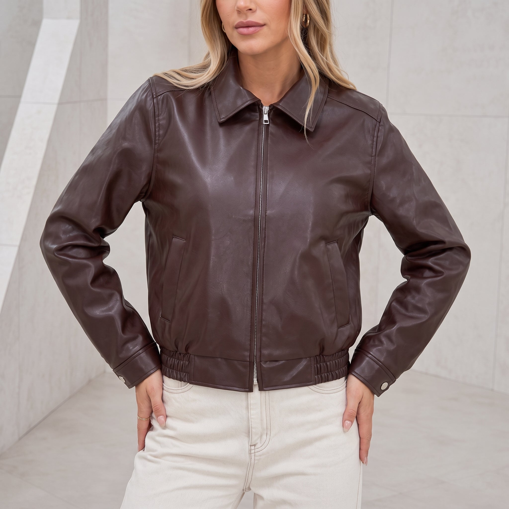 Liesel - Women's Zip-Through Collared Bomber Jacket - Bomber Jackets - Brown - Parker&Brooks