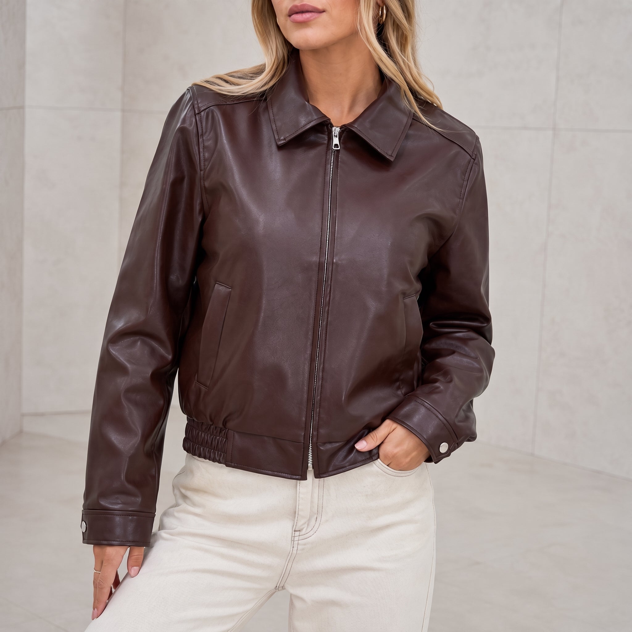 Liesel - Women's Zip-Through Collared Bomber Jacket - Bomber Jackets - Brown - Parker&Brooks