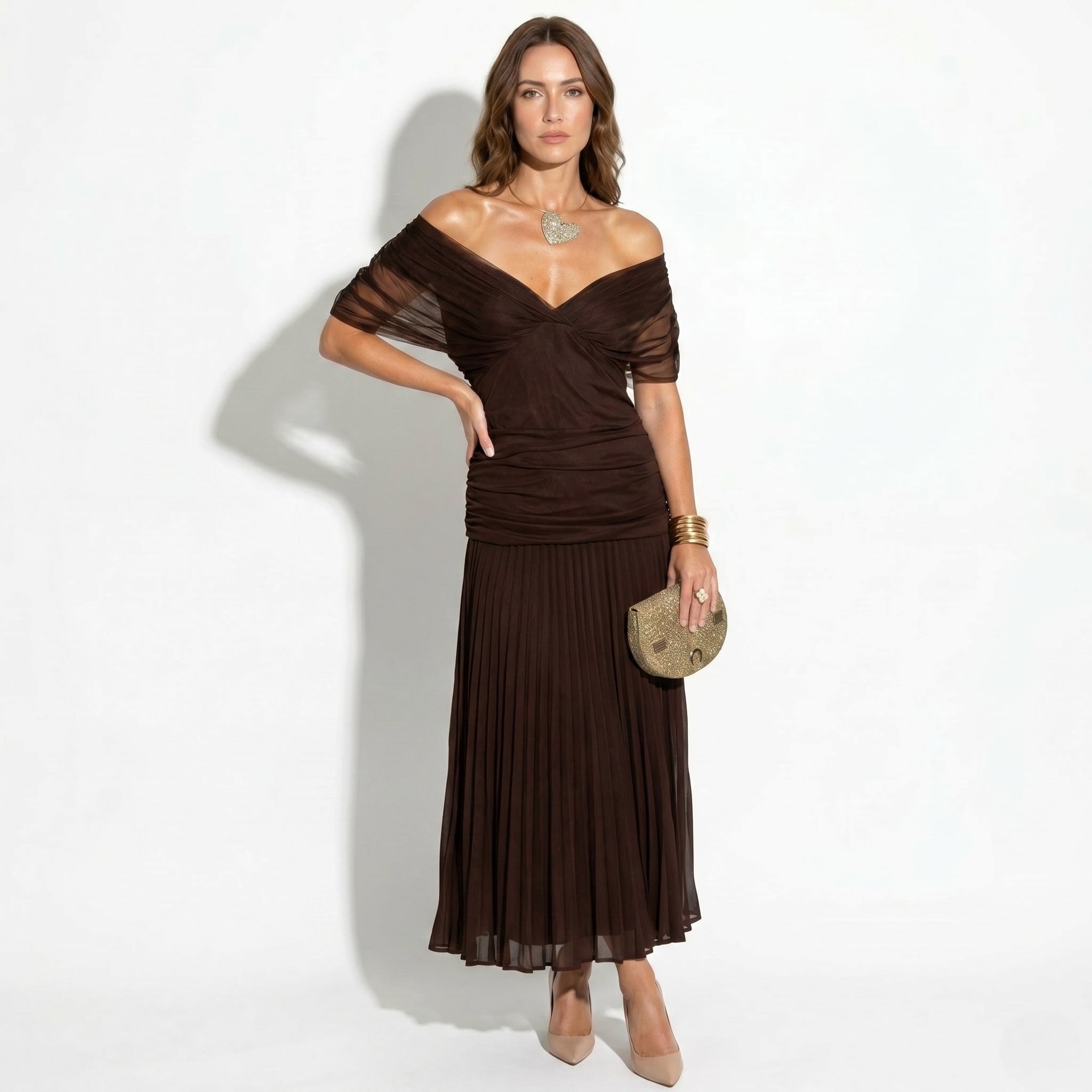 Lily - Women's Evening Ruched Maxi Dress - Dress - Brown - Parker&Brooks