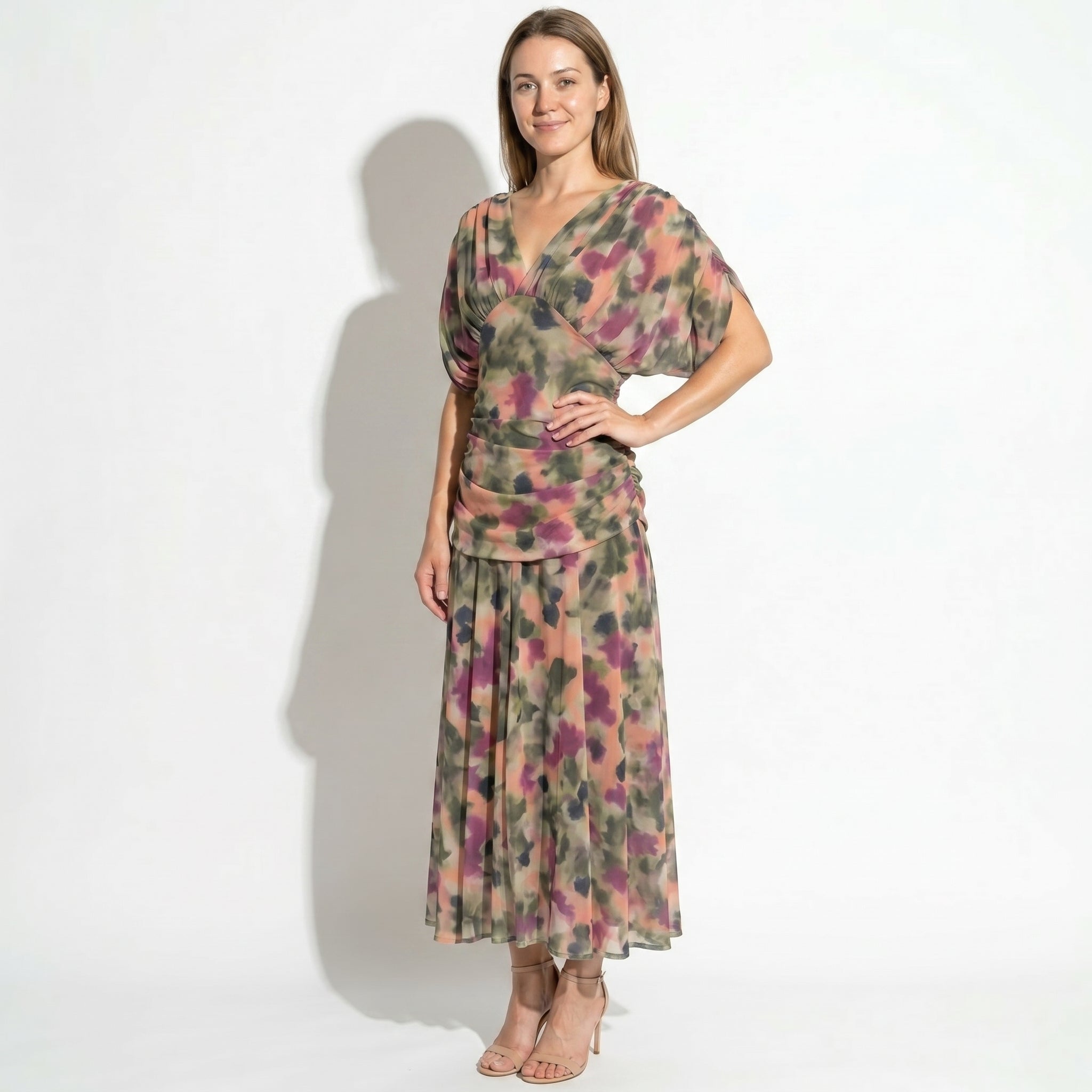 Lily - Women's Evening Ruched Maxi Dress - Dress - Green and Purple - Parker&Brooks