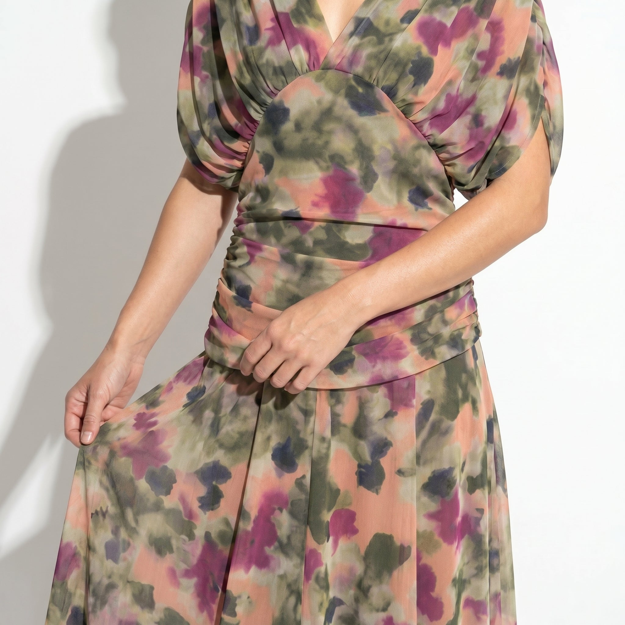 Lily - Women's Evening Ruched Maxi Dress - Dress - Green and Purple - Parker&Brooks