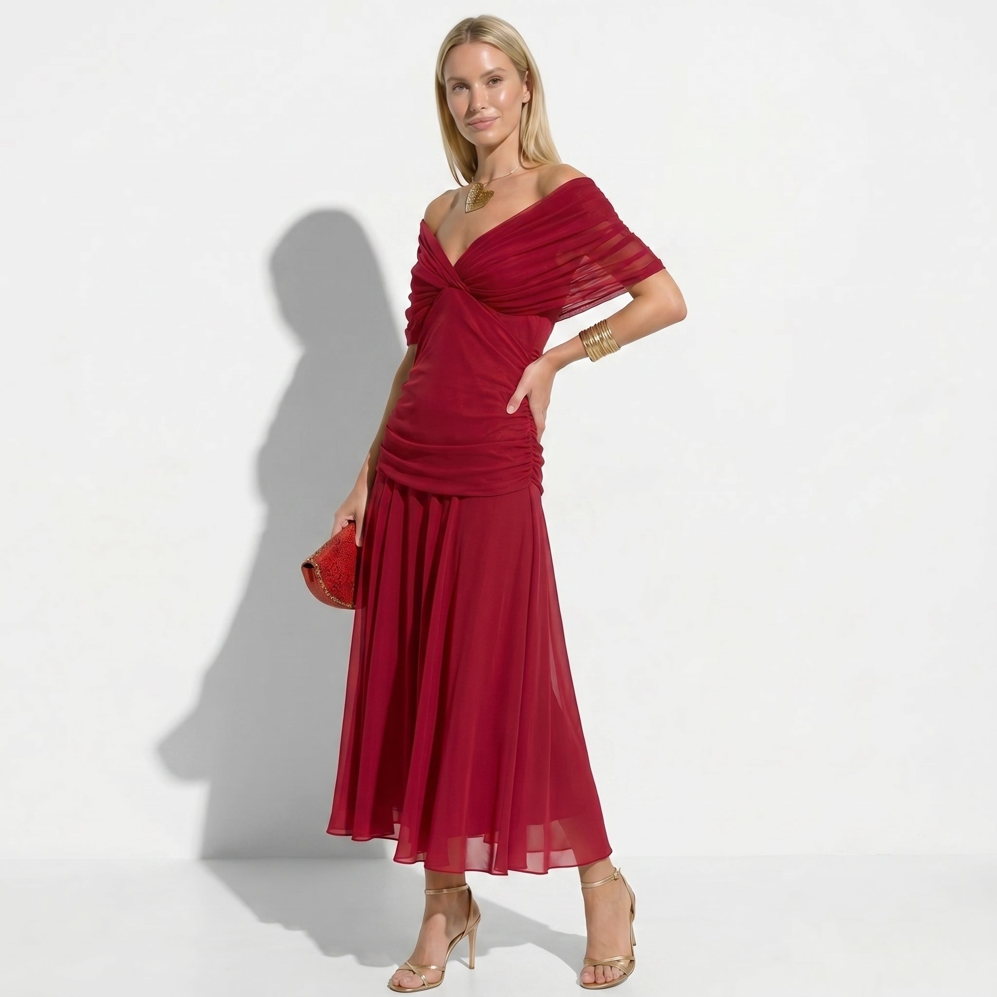 Lily - Women's Evening Ruched Maxi Dress - Dress - Red - Parker&Brooks