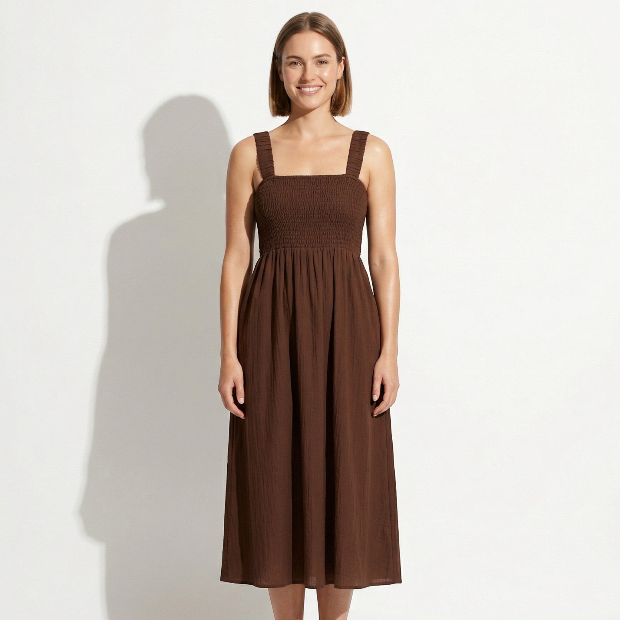 Lily - Women's Evening Smocked Midi Dress - Midi Dresses - Brown - Parker&Brooks