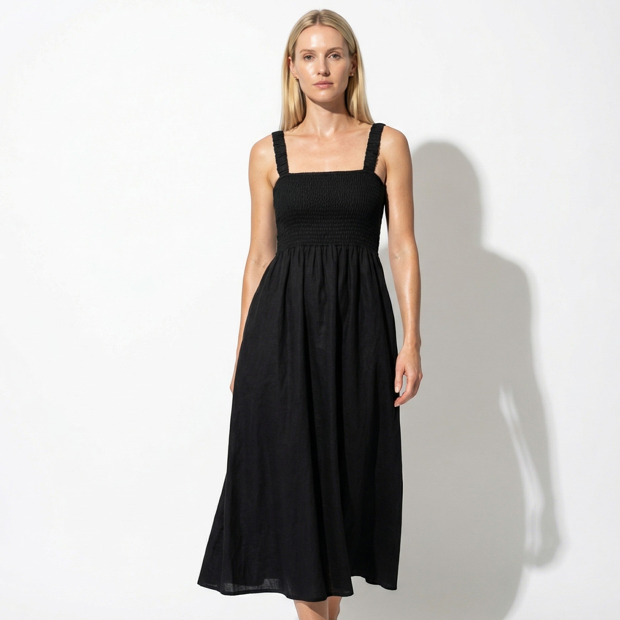 Lily - Women's Evening Smocked Midi Dress - Midi Dresses - Black - Parker&Brooks