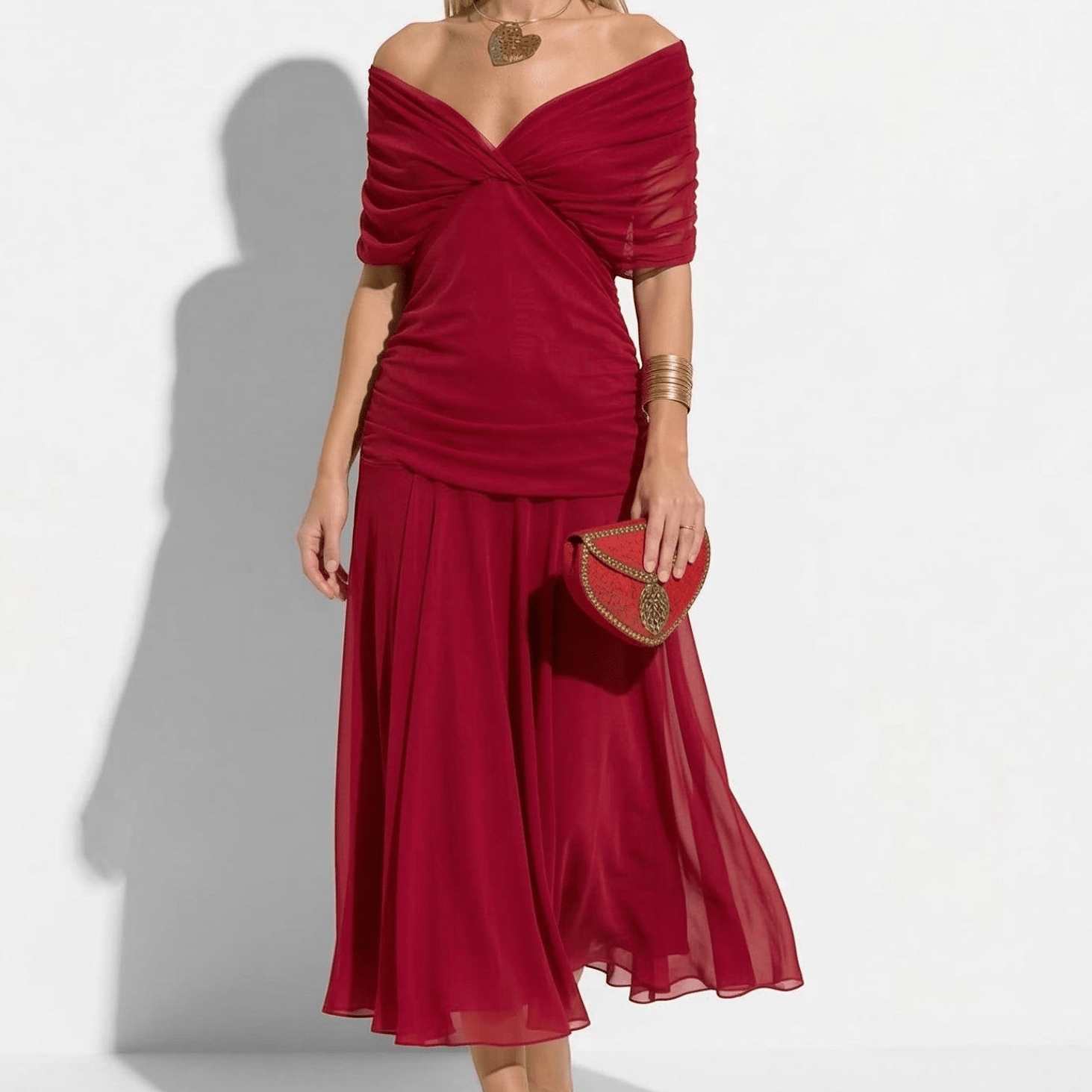 Lily - Women's Evening Ruched Maxi Dress - Dress - Red - Parker&Brooks