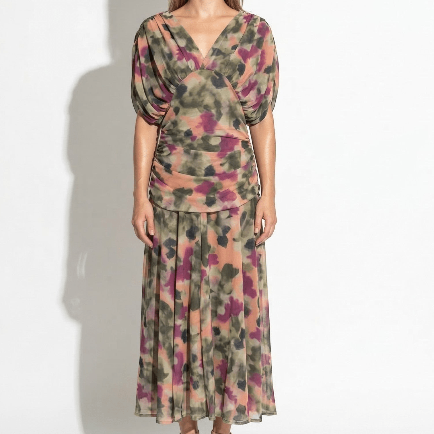 Lily - Women's Evening Ruched Maxi Dress - Dress - Green and Purple - Parker&Brooks