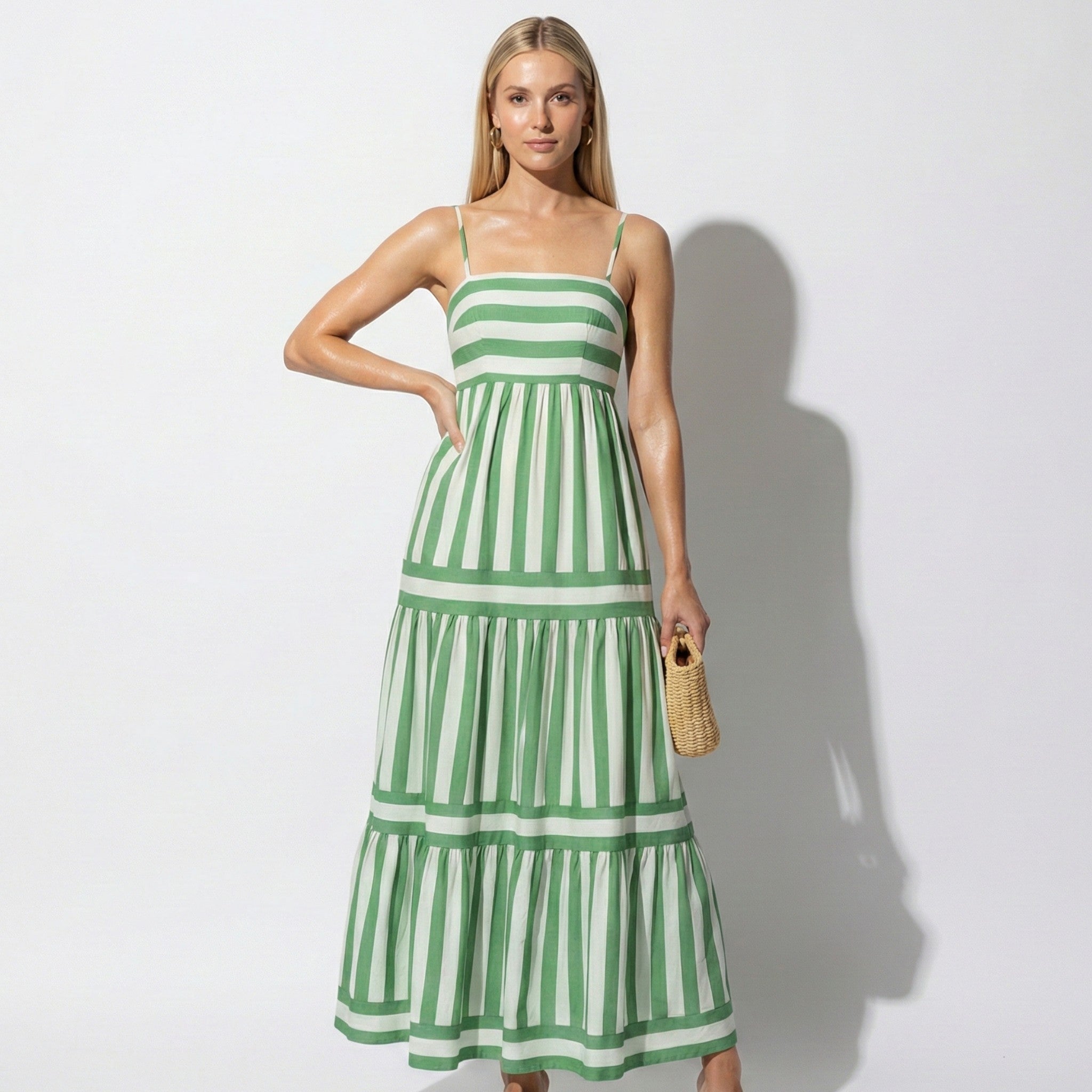 Lily - Women's Striped Tiered Maxi Dress with Spaghetti Straps - Dresses - Green - Parker&Brooks