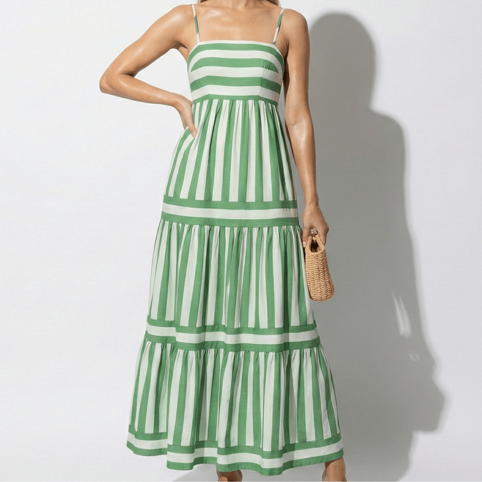 Lily - Women's Striped Tiered Maxi Dress with Spaghetti Straps - Dresses - Green - Parker&Brooks