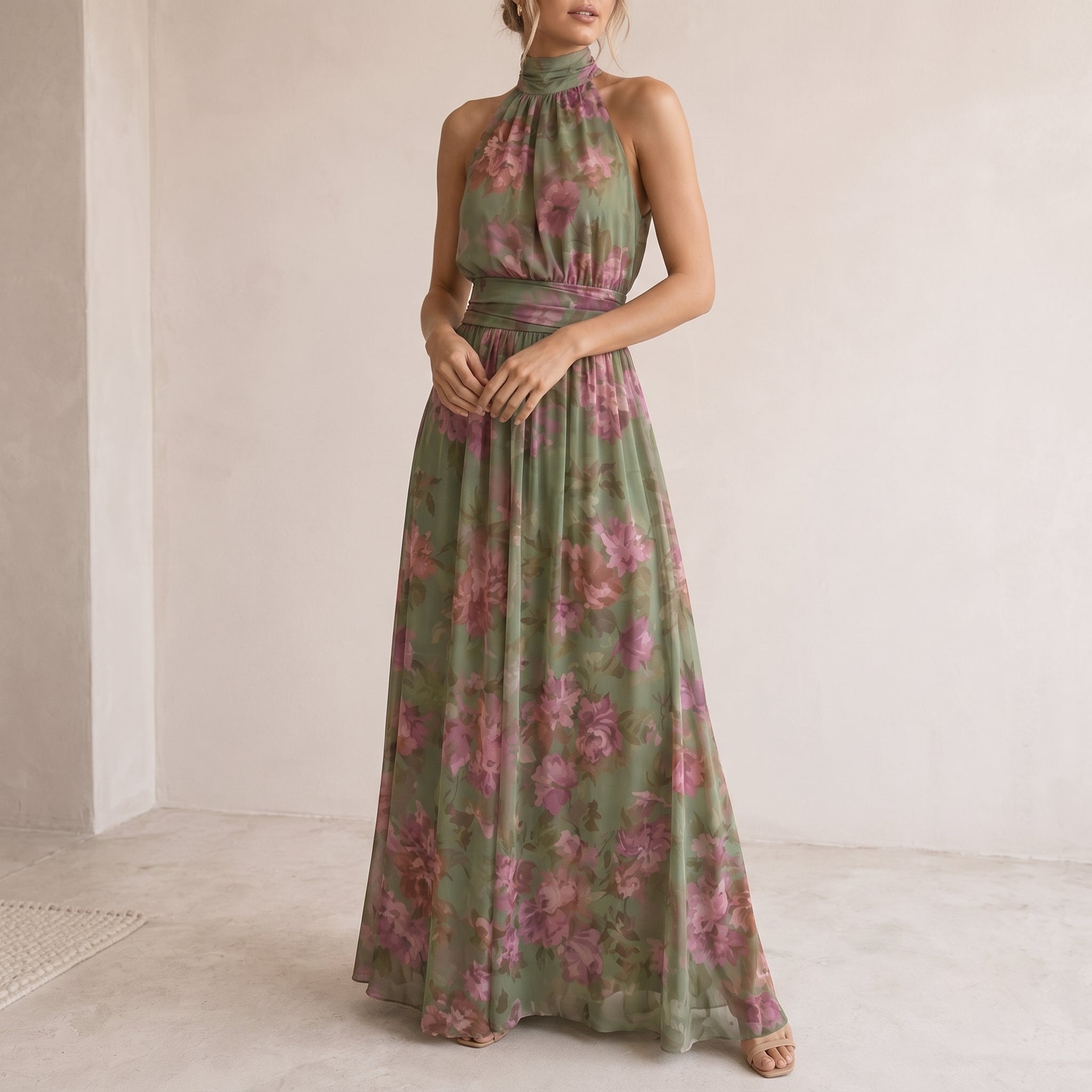 Lily - Women's Summer Floral Print Halter Neck Maxi Dress - Dresses - Green - Parker&Brooks