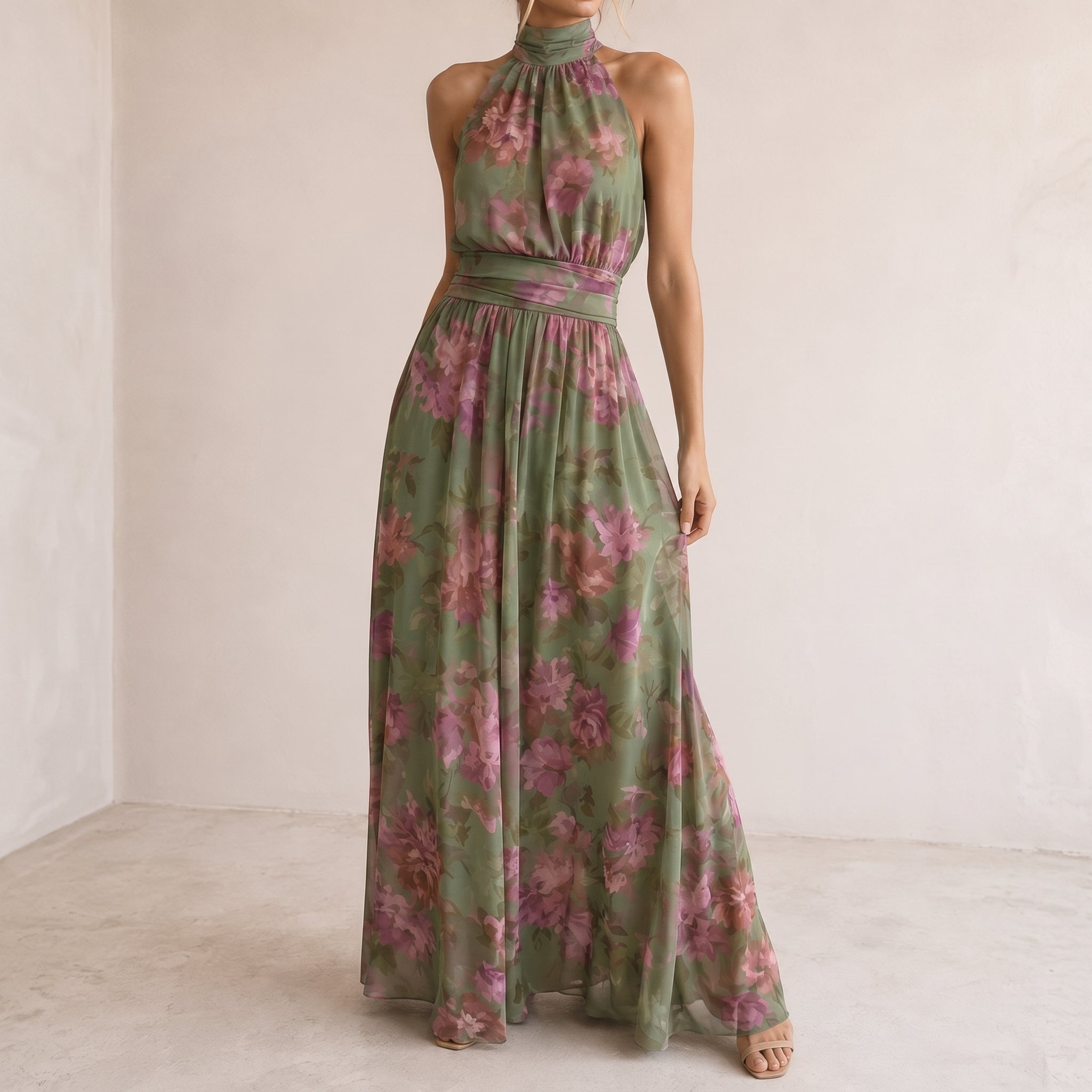 Lily - Women's Summer Floral Print Halter Neck Maxi Dress - Dresses - Green - Parker&Brooks