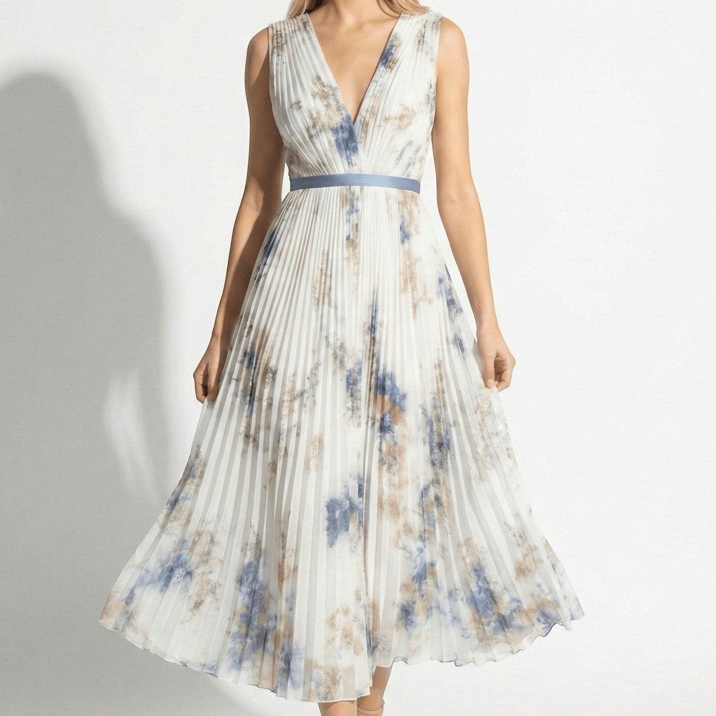 Lily - Women's V - Neck Pleated Maxi Dress - Dresses - White - Parker&Brooks