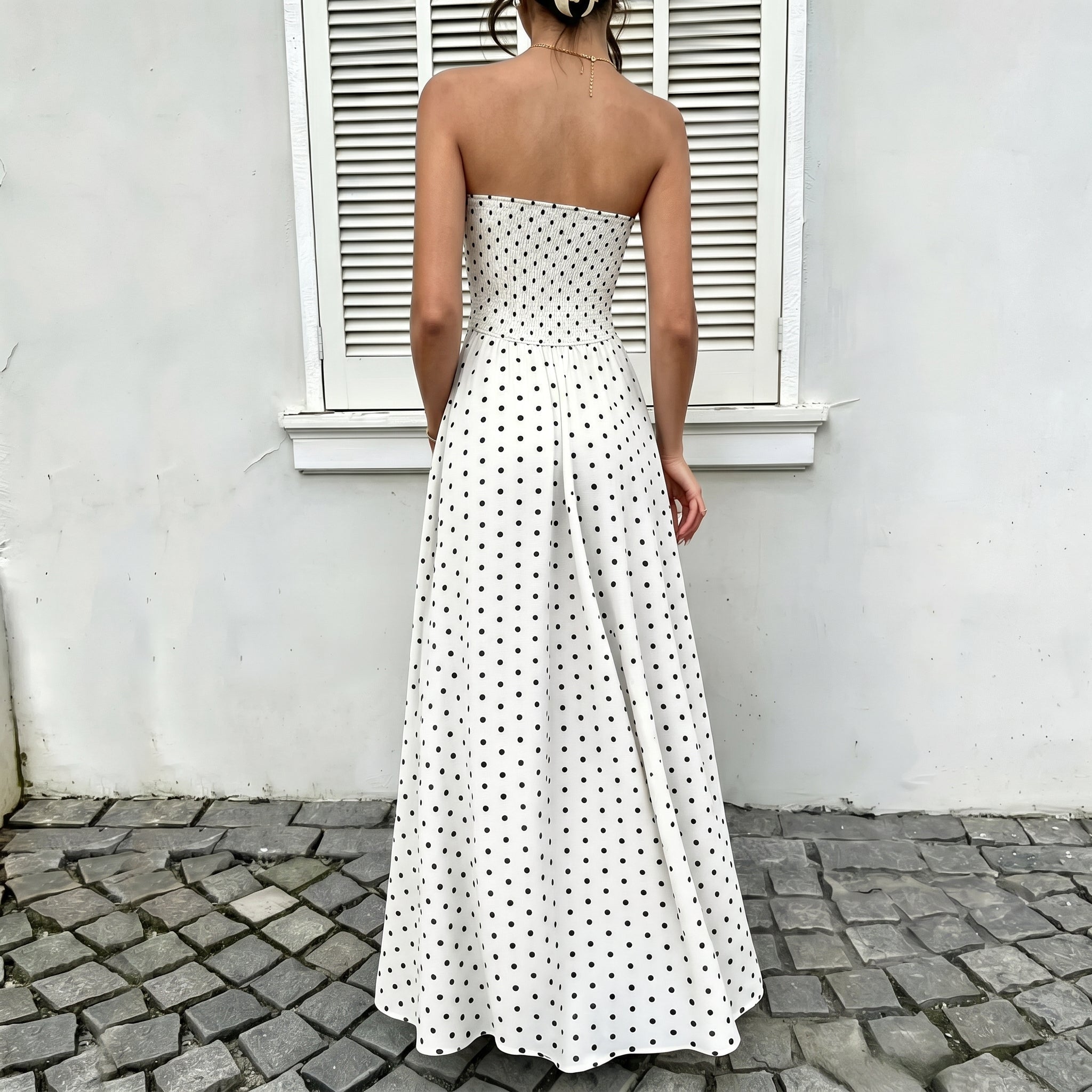 Lorelei - Women's Summer Polka Dot Strapless Maxi Dress - Dresses - White - Parker&Brooks