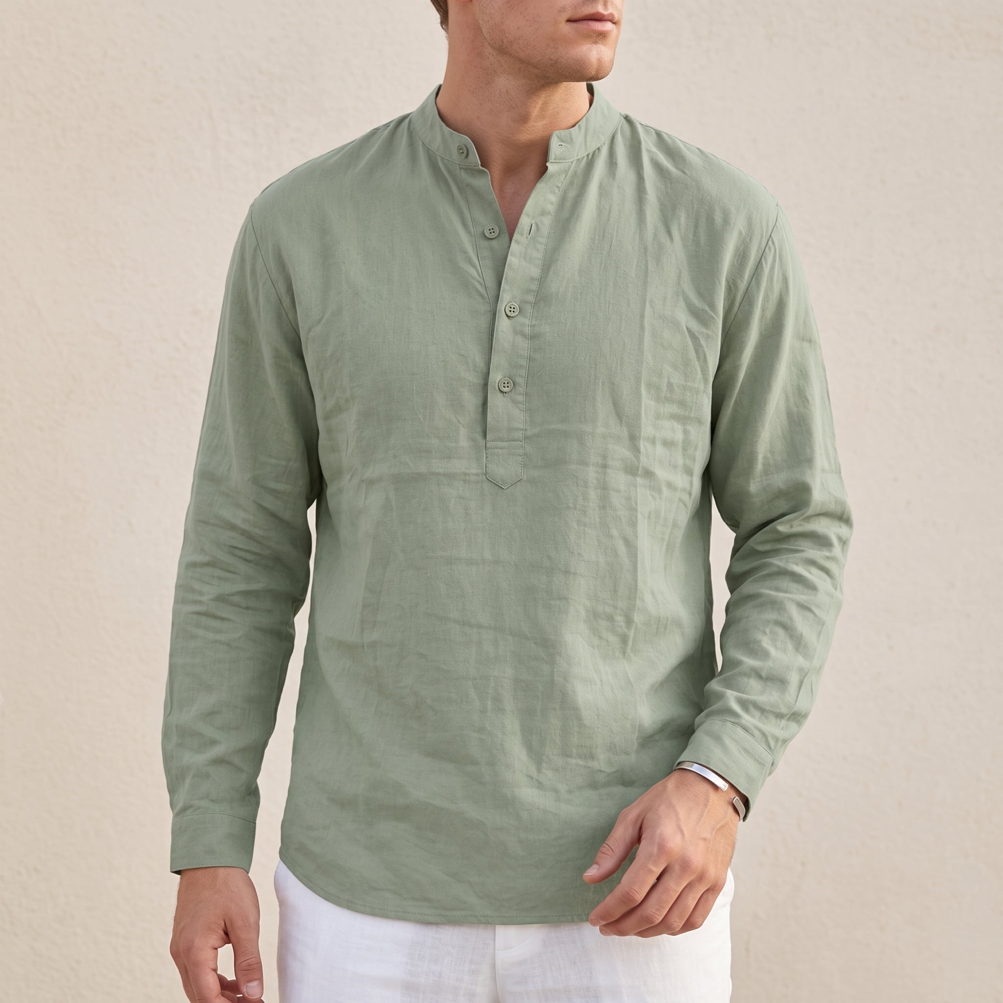 Louis - Men's Casual Grandad Collar Long Sleeve Shirt - Shirts - Light Green - Parker&Brooks