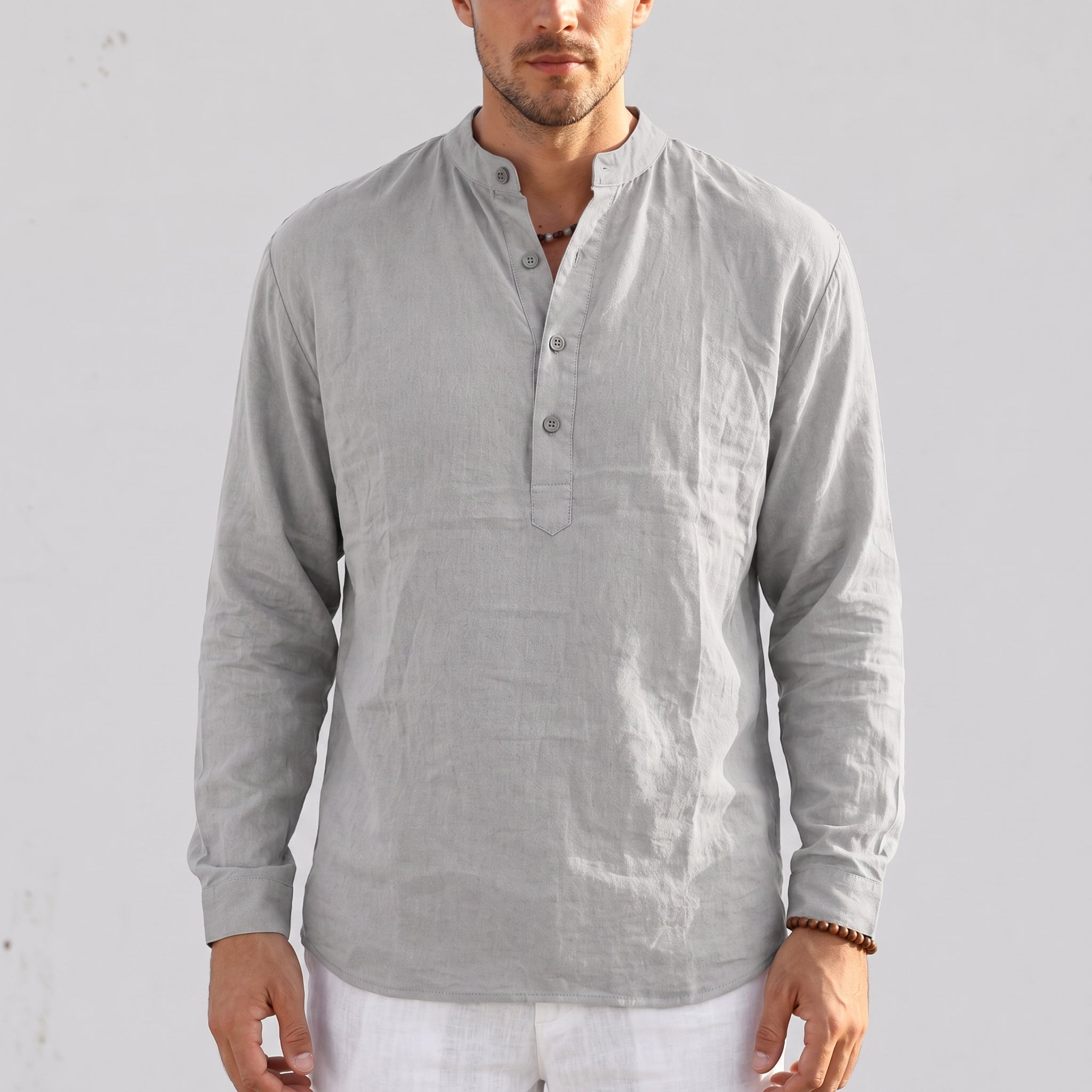 Louis - Men's Casual Grandad Collar Long Sleeve Shirt - Shirts - Gray - Parker&Brooks