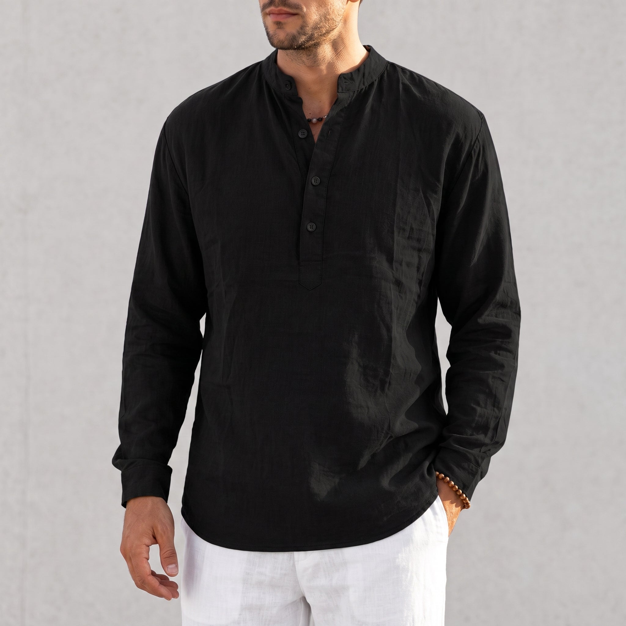 Louis - Men's Casual Grandad Collar Long Sleeve Shirt - Shirts - Black - Parker&Brooks