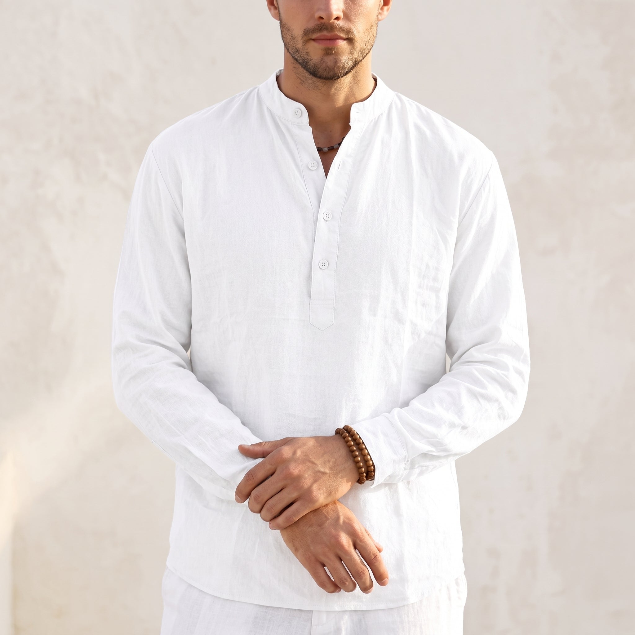 Louis - Men's Casual Grandad Collar Long Sleeve Shirt - Shirts - White - Parker&Brooks