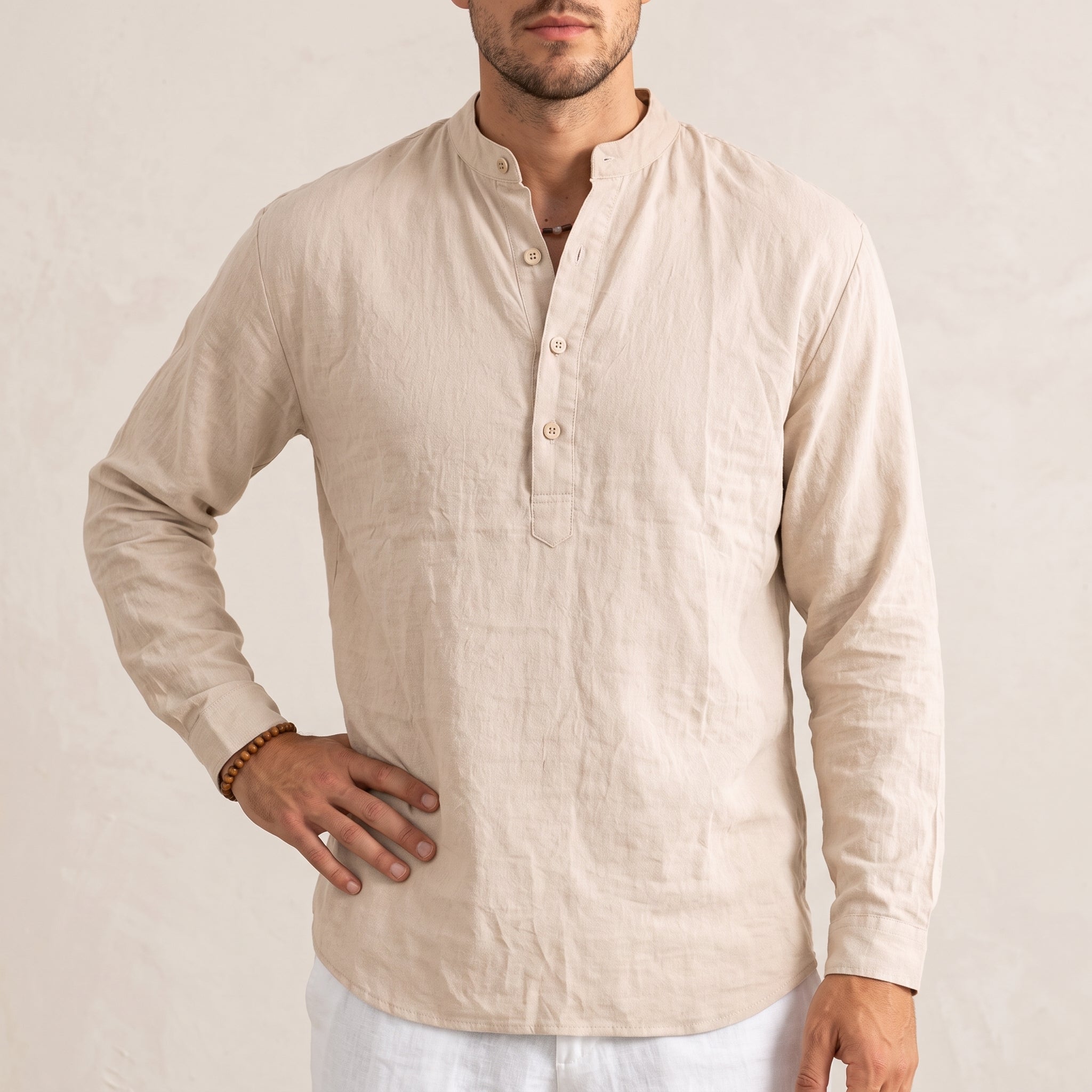 Louis - Men's Casual Grandad Collar Long Sleeve Shirt - Shirts - Beige - Parker&Brooks